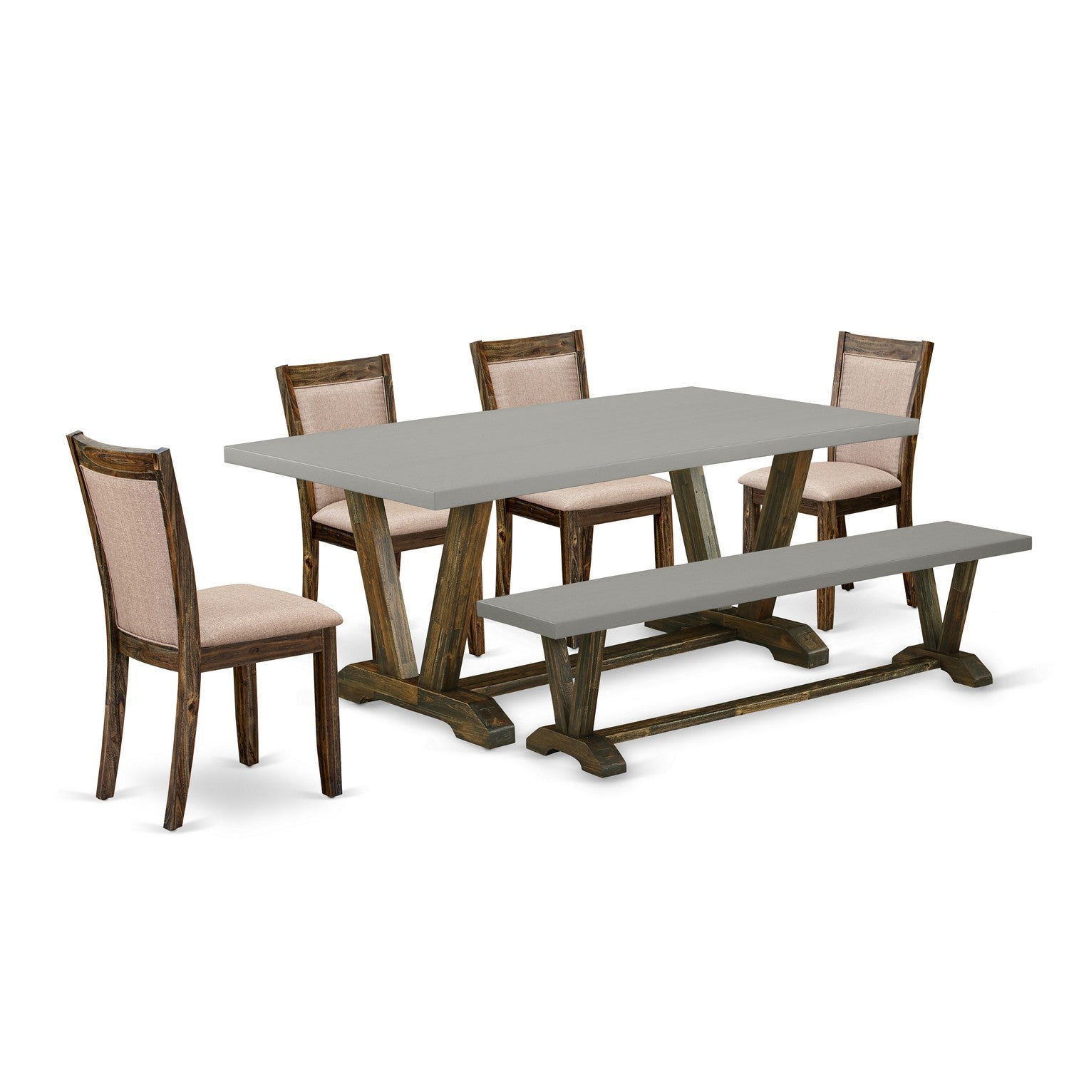 East West Furniture V797MZ716-6 6 Piece Dinning Set- A Cement Top Kitchen Table in Trestle Base with Wooden Bench and 4 Dark Khaki Linen Fabrics Dining Room Chairs- Distressed Jacobean Finish