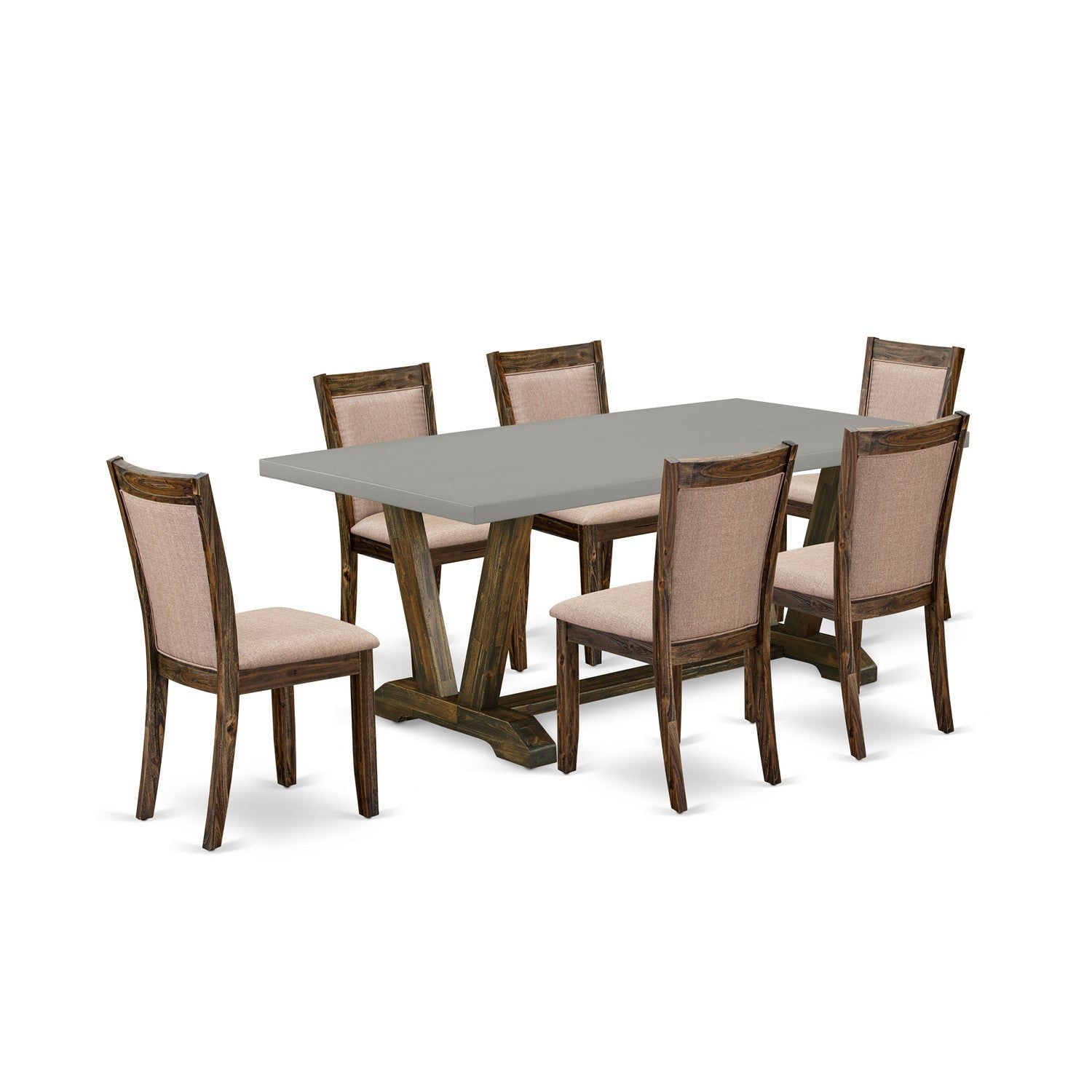 East West Furniture V797MZ716-7 7 Piece Contemporary Dinette Set - A Cement Top Dinner Table with Trestle Base and 6 Dark Khaki Linen Fabric Parson Chairs - Distressed Jacobean Finish