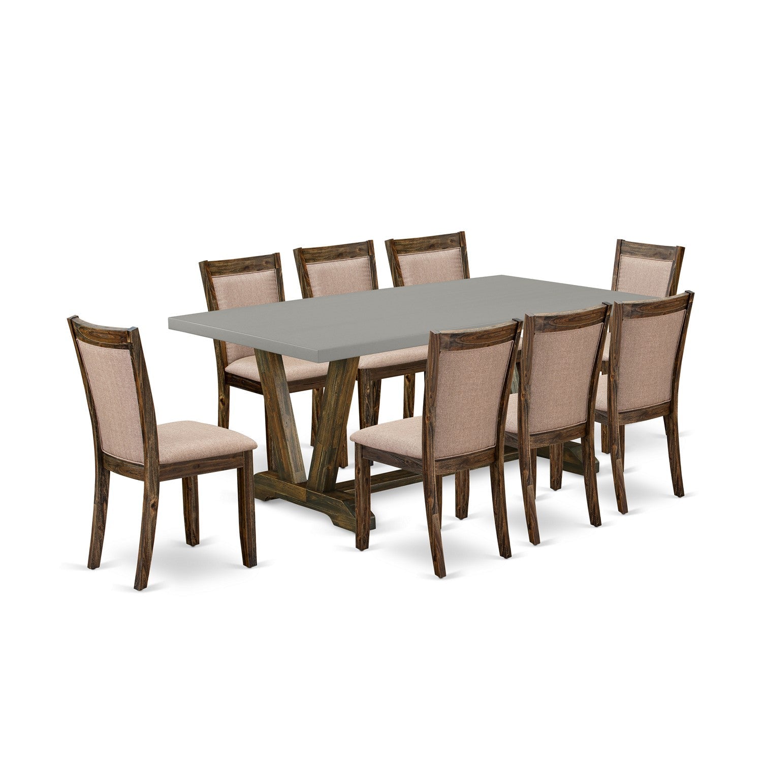 East West Furniture V797MZ716-9 9 Piece Contemporary Dinning Set - A Cement Top Dining Table with Trestle Base and 8 Dark Khaki Linen Fabric Upholstered Dining Chairs - Distressed Jacobean Finish
