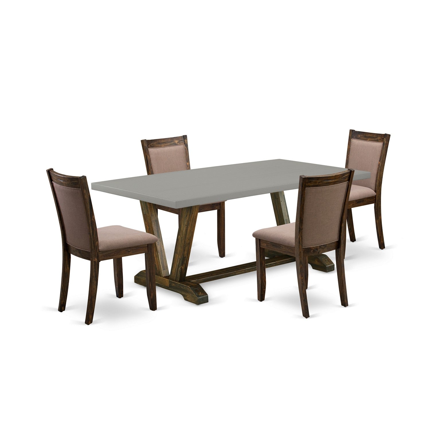 East West Furniture V797MZ748-5 5 Piece Innovative Dining Room Table Set - A Cement Top Wooden Dining Table with Trestle Base and 4 Coffee Linen Fabric Padded Chairs - Distressed Jacobean Finish