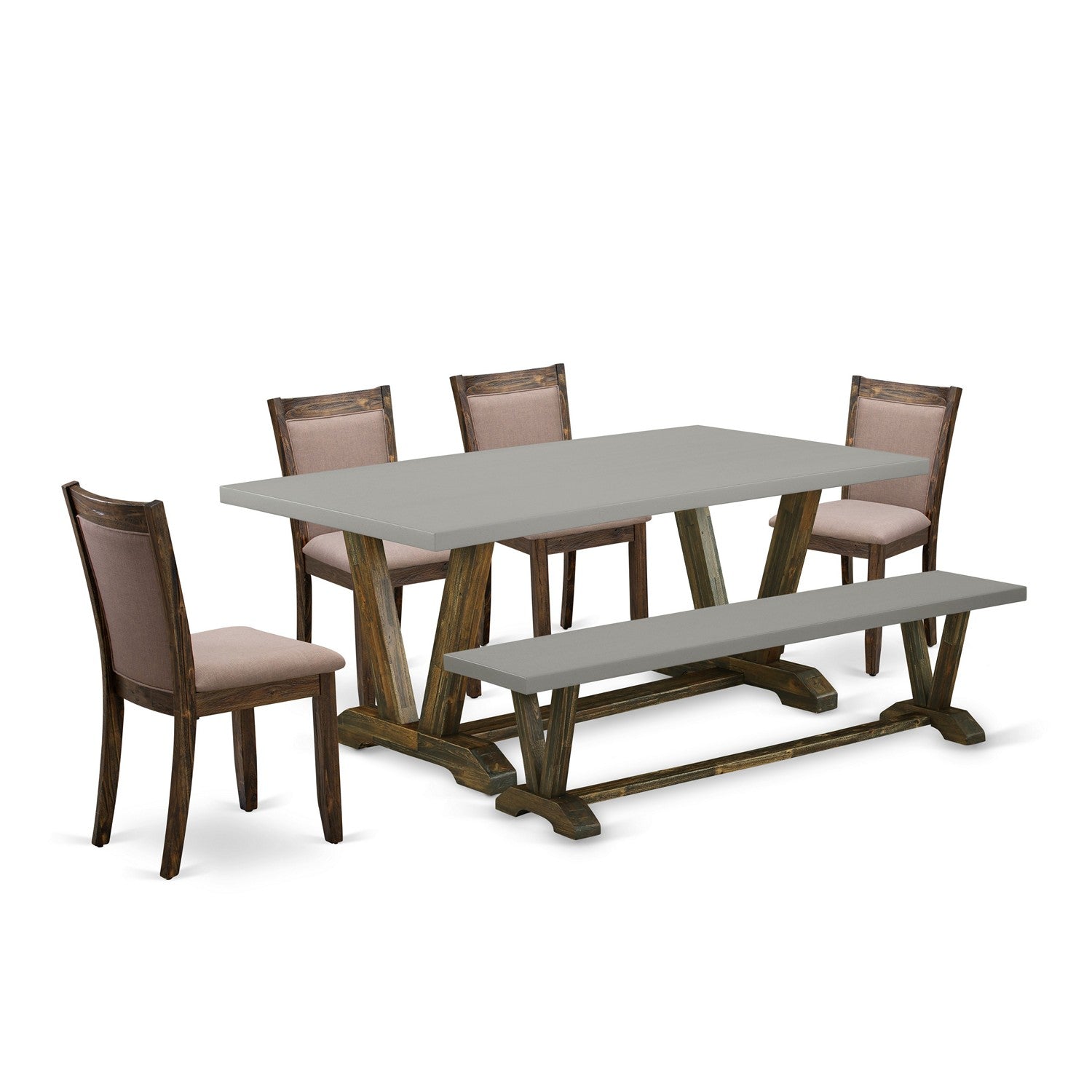 East West Furniture V797MZ748-6 6 Piece Kitchen Table Set- A Cement Top Wood Table in Trestle Base with Wood Bench and 4 Coffee Linen Fabrics Modern Chairs - Distressed Jacobean Finish