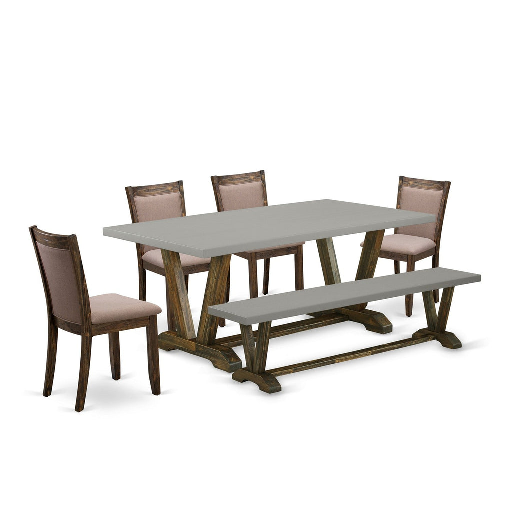 East West Furniture V797MZ748-6 6 Piece Modern Dining Table Set Contains a Rectangle Wooden Table with V-Legs and 4 Coffee Linen Fabric Parson Chairs with a Bench