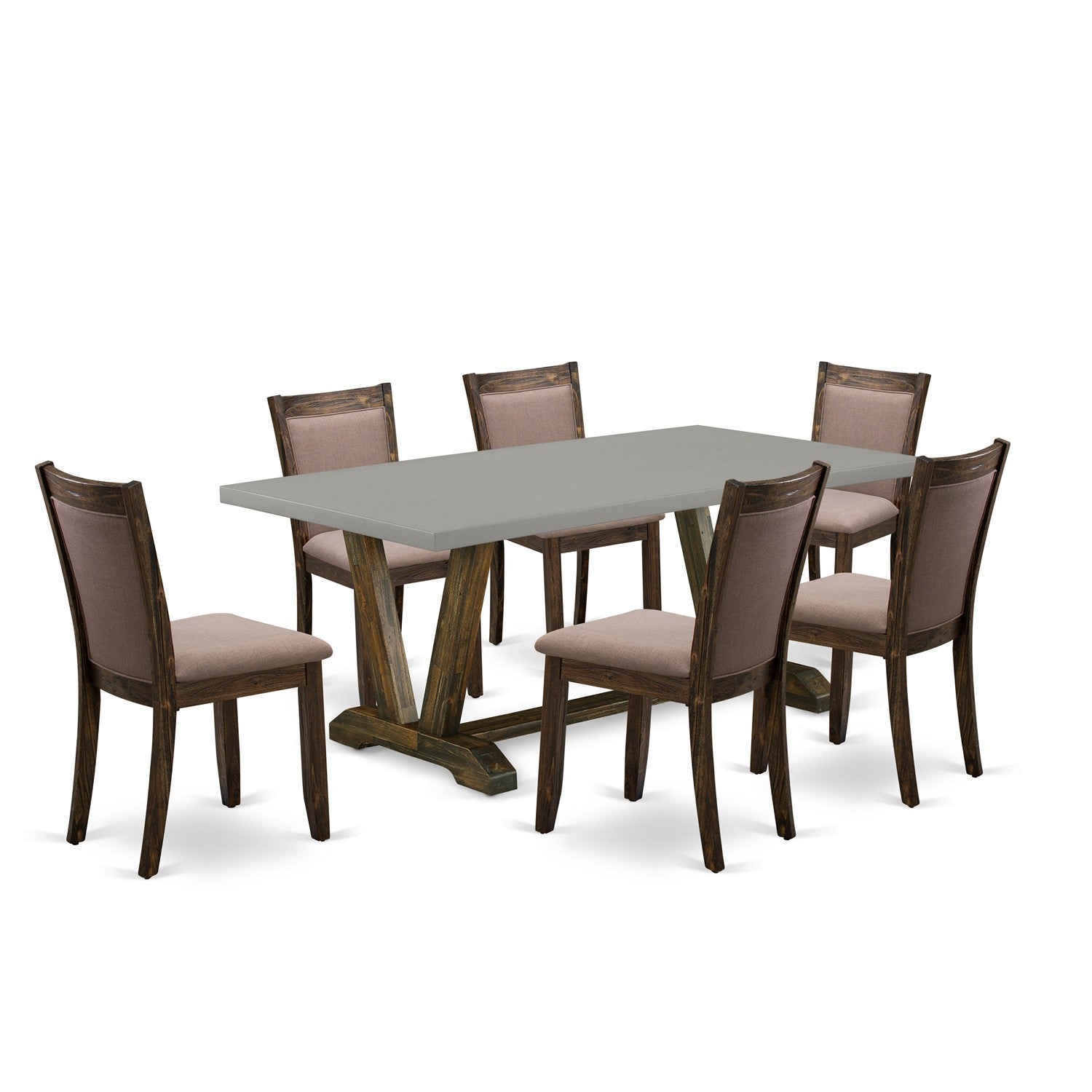 East West Furniture V797MZ748-7 7 Piece Innovative Kitchen Table Set - A Cement Top Dining Table with Trestle Base and 6 Coffee Linen Fabric Modern Dining Chairs - Distressed Jacobean Finish