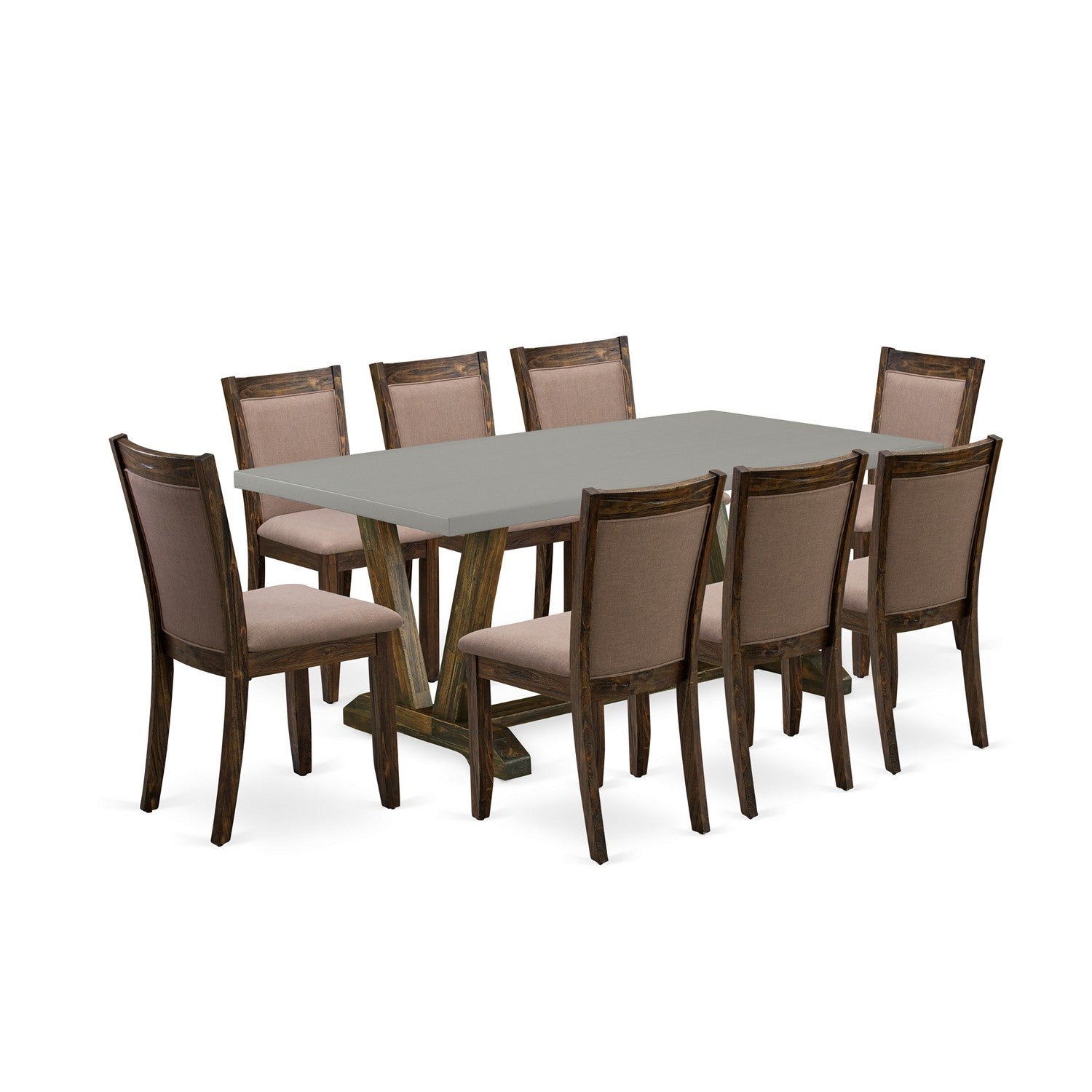 East West Furniture V797MZ748-9 9 Piece Contemporary Dinette Set - A Cement Top Dinner Table with Trestle Base and 8 Coffee Linen Fabric Mid Century Dining Chairs - Distressed Jacobean Finish