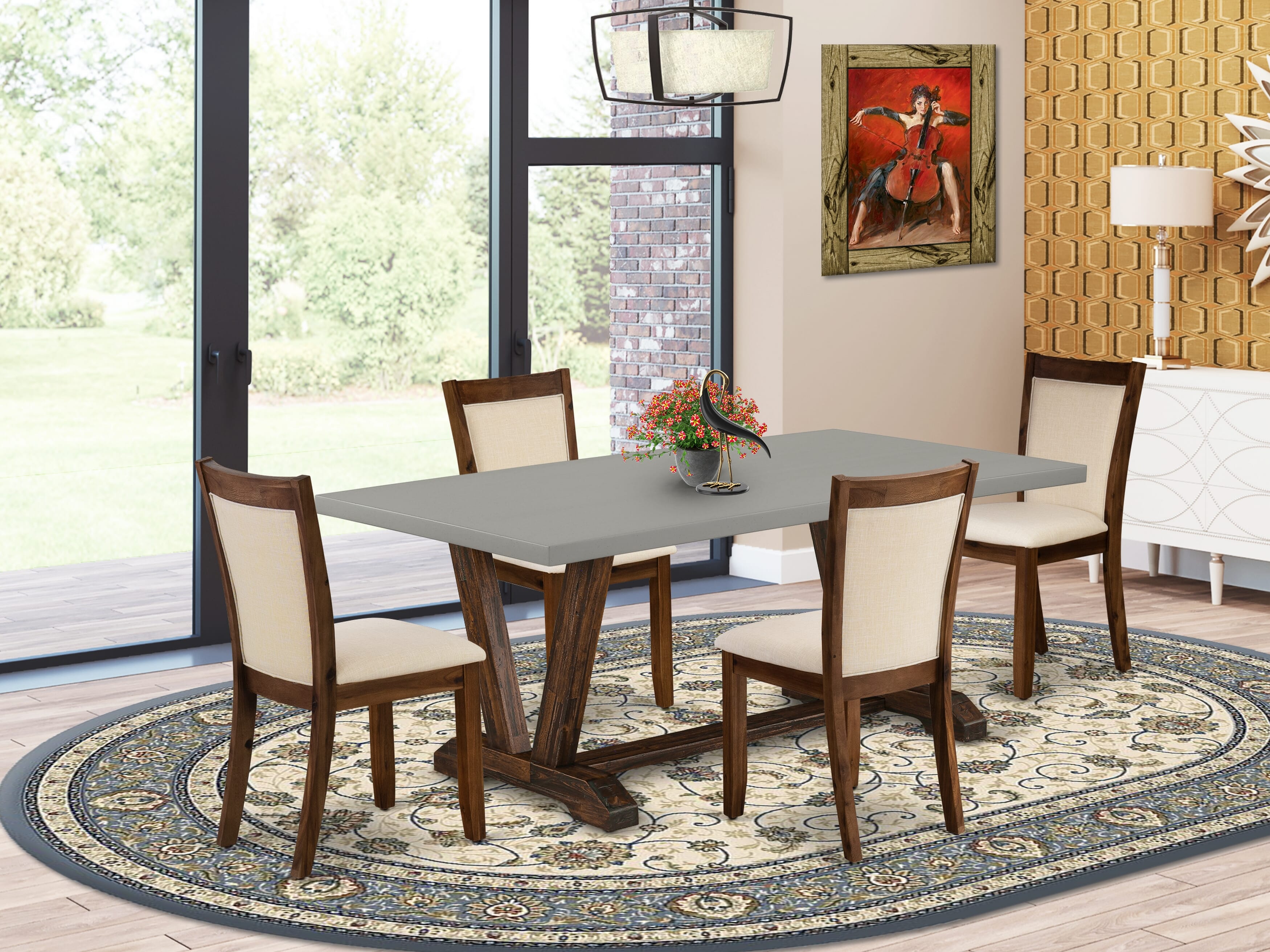 East West Furniture V797MZN32-5 5-Piece Modern Dining Set Consists of a Wooden Dining Table and 4 Light Beige Linen Fabric Dining Chairs with Stylish Back - Distressed Jacobean Finish