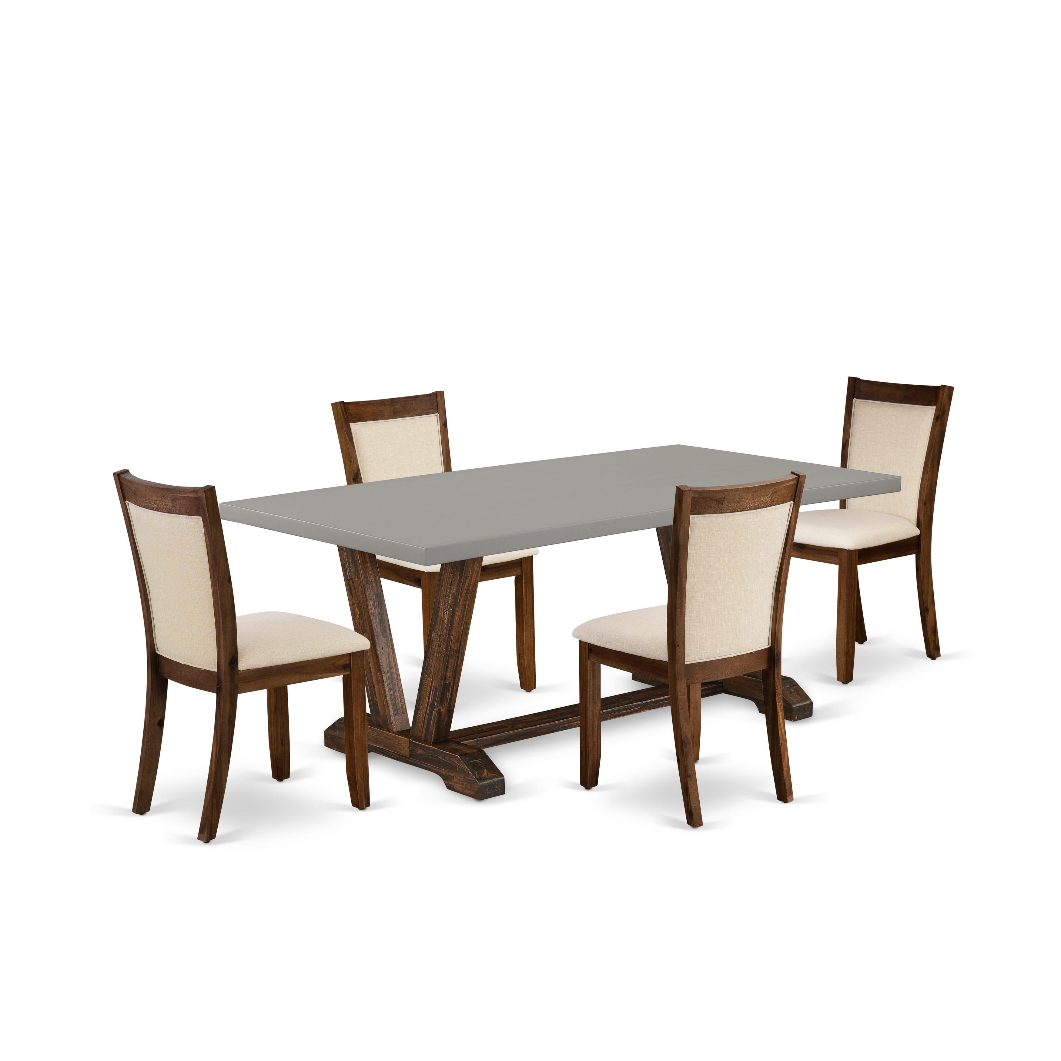 East West Furniture V797MZN32-5 5-Piece Modern Dining Set Consists of a Wooden Dining Table and 4 Light Beige Linen Fabric Dining Chairs with Stylish Back - Distressed Jacobean Finish