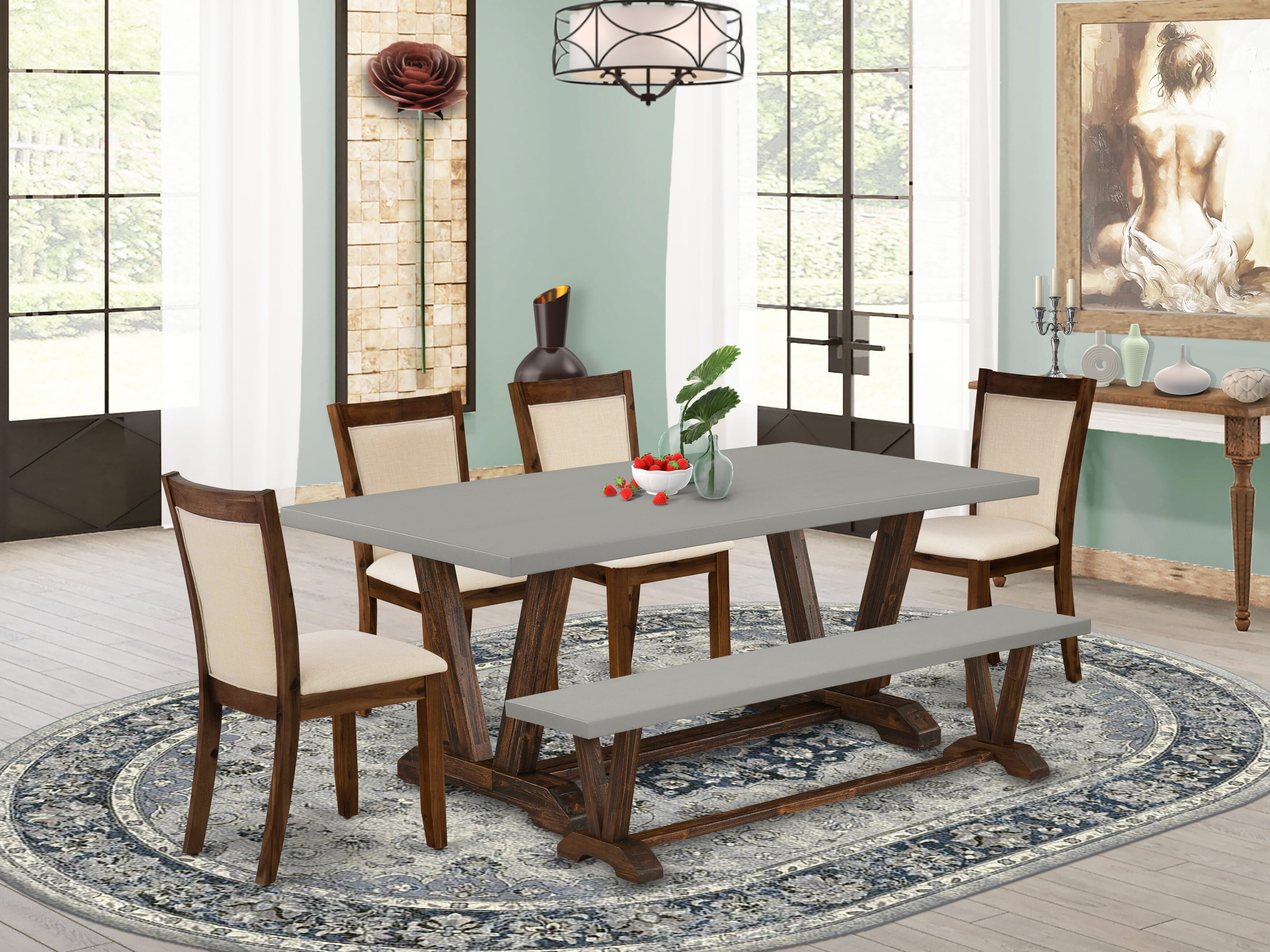East West Furniture V797MZN32-6 6-Pc Kitchen Table Set Contains a Wood Table and a Dining Bench with 4 Light beige Linen Fabric Parson Chairs with Stylish Back - Distressed Jacobean Finish