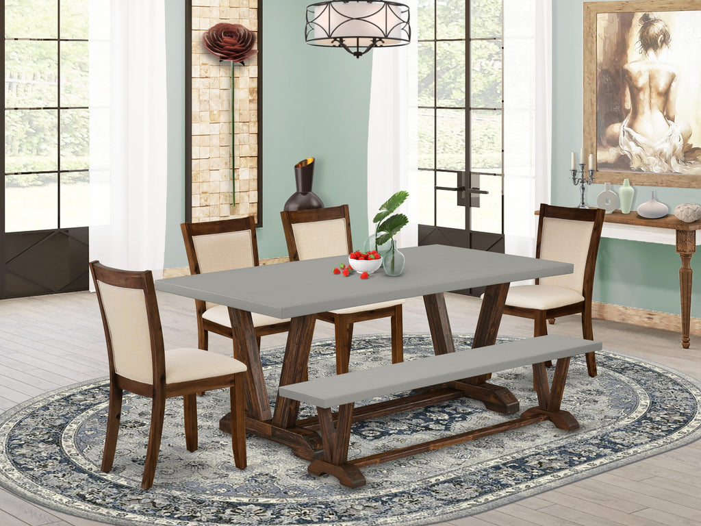 East West Furniture V797MZN32-6 6 Piece Dining Set Contains a Rectangle Dining Room Table with V-Legs and 4 Light Beige Linen Fabric Upholstered Chairs with a Bench