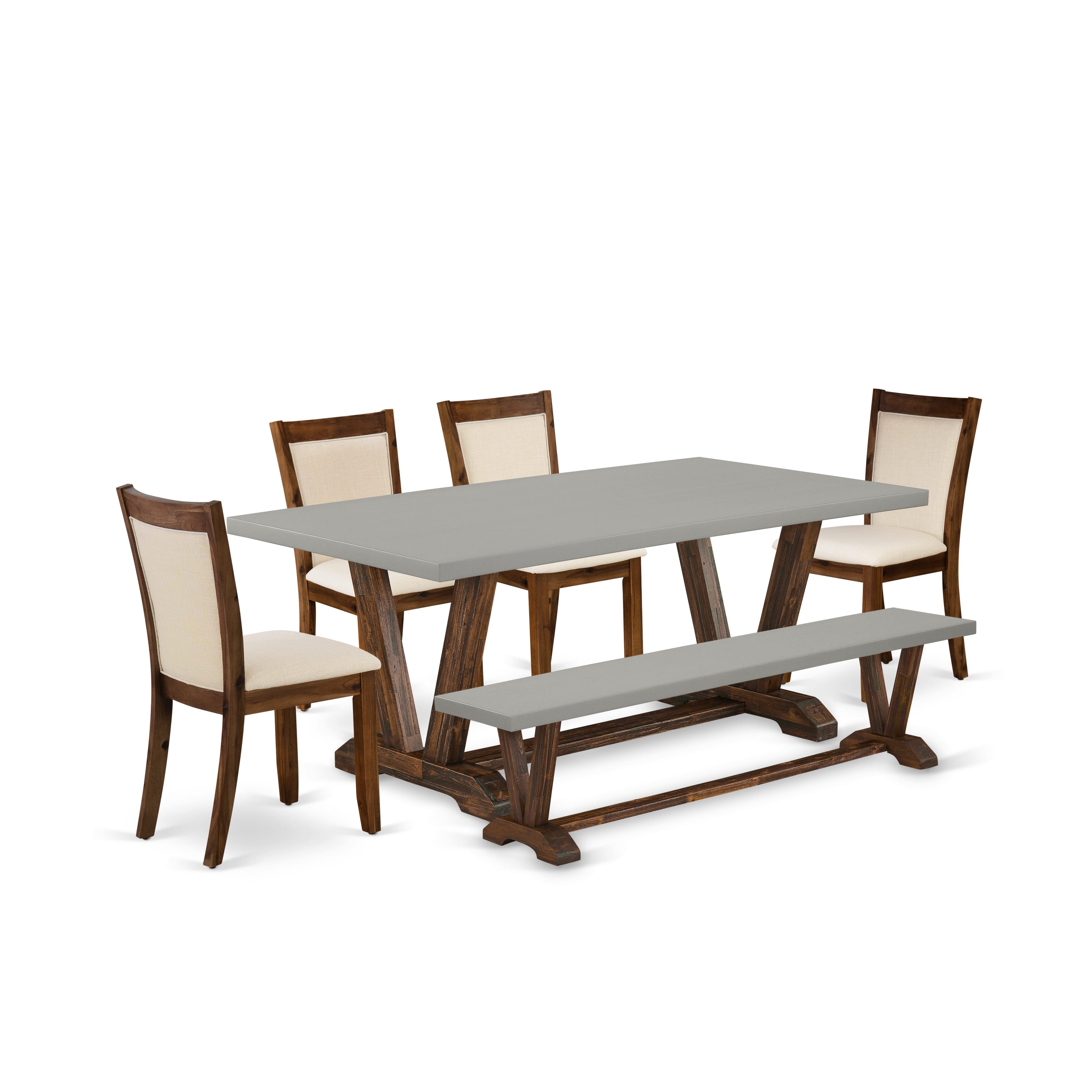 East West Furniture V797MZN32-6 6-Pc Kitchen Table Set Contains a Wood Table and a Dining Bench with 4 Light beige Linen Fabric Parson Chairs with Stylish Back - Distressed Jacobean Finish