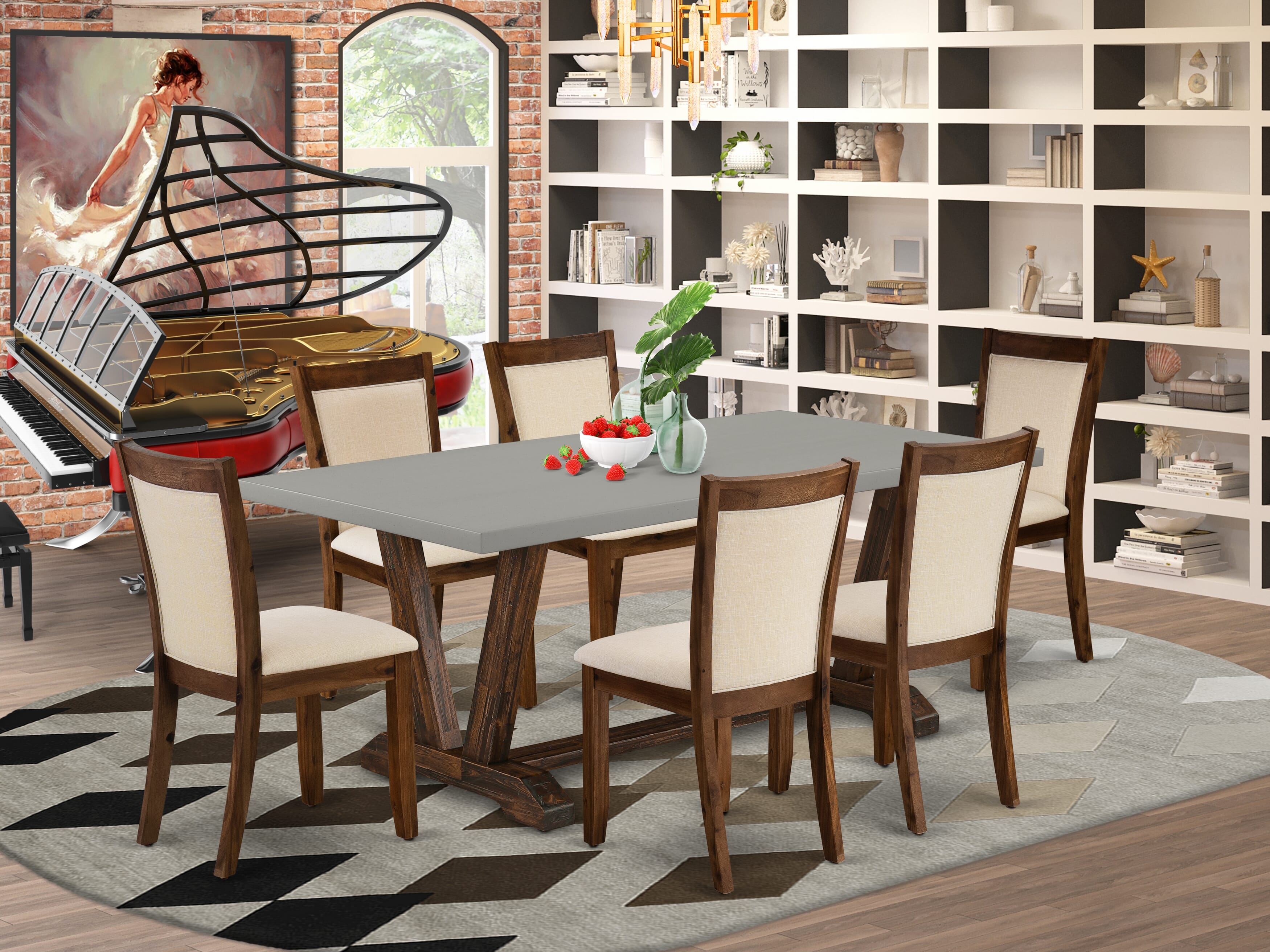 East West Furniture V797MZN32-7 7-Piece Mid Century Modern Dining Set Includes a Rectangular Table and 6 Light Beige Linen Fabric Dining Chairs with Stylish Back - Distressed Jacobean Finish