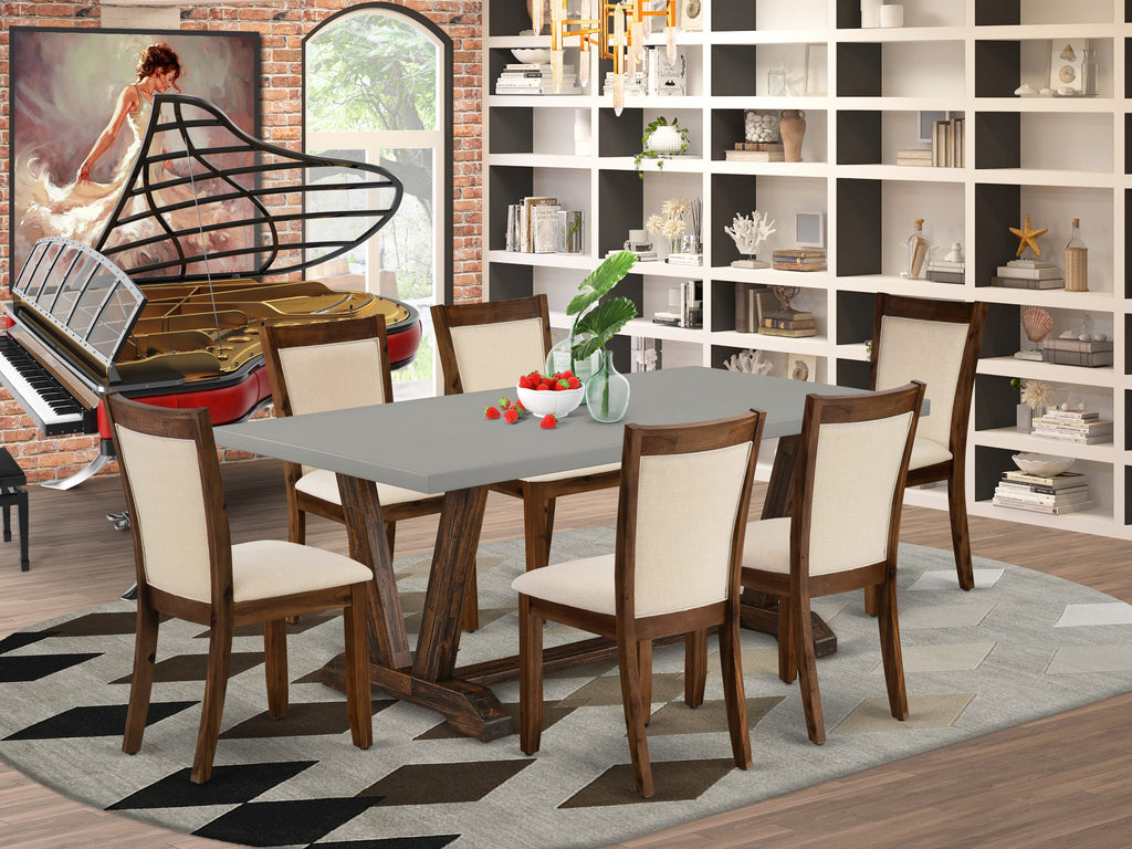 East West Furniture V797MZN32-7 7 Piece Modern Dining Table Set Consist of a Rectangle Wooden Table with V-Legs and 6 Light Beige Linen Fabric Parsons Dining Chairs
