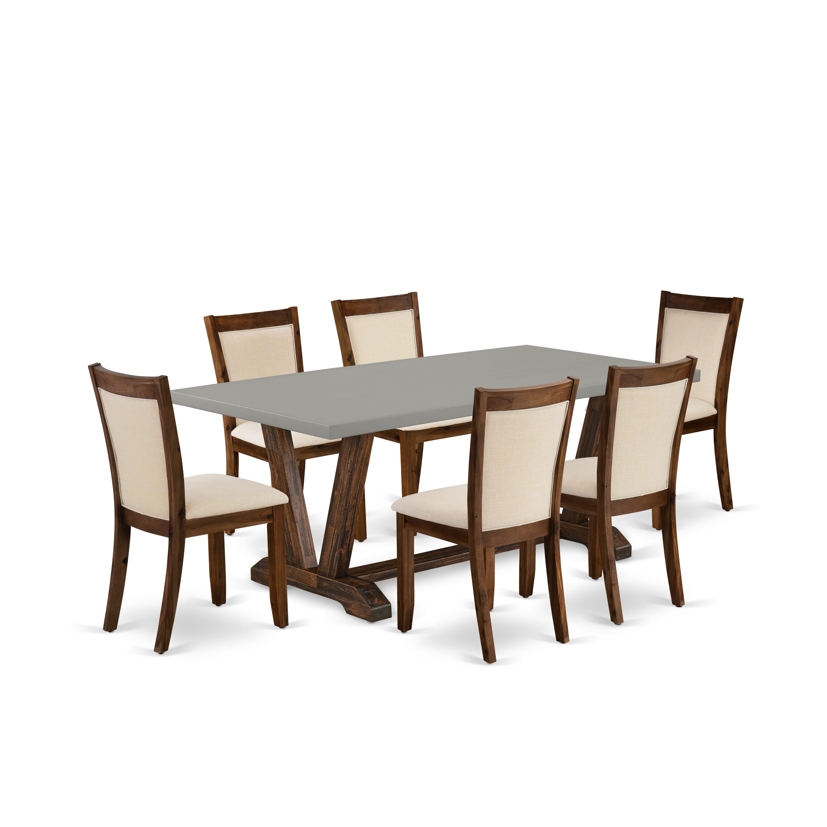 East West Furniture V797MZN32-7 7-Piece Mid Century Modern Dining Set Includes a Rectangular Table and 6 Light Beige Linen Fabric Dining Chairs with Stylish Back - Distressed Jacobean Finish