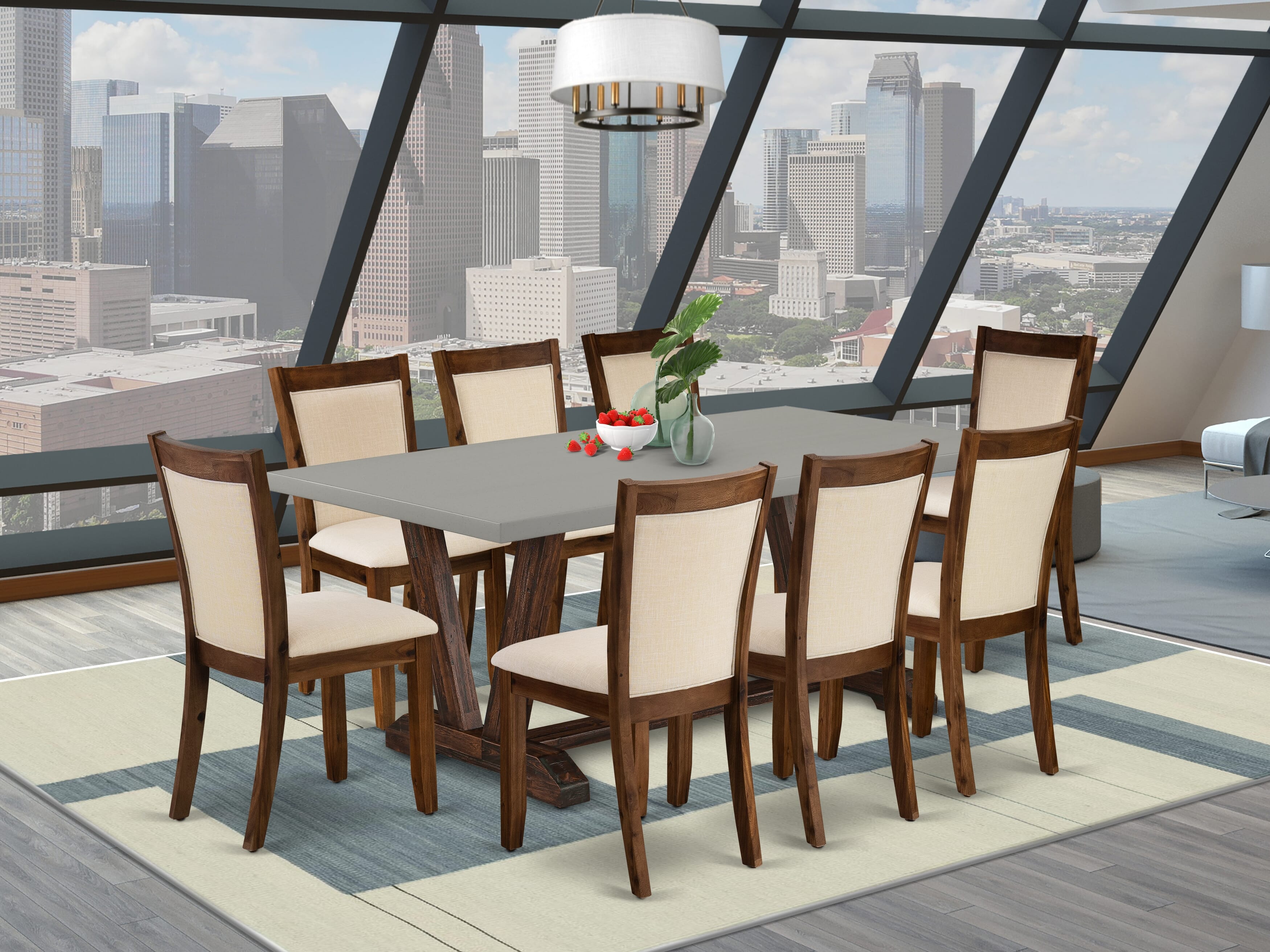East West Furniture V797MZN32-9 9-Pc Dining Table Set Consists of a Dining Room Table and 8 Light Beige Linen Fabric Parson Dining Chairs with Stylish Back - Distressed Jacobean Finish