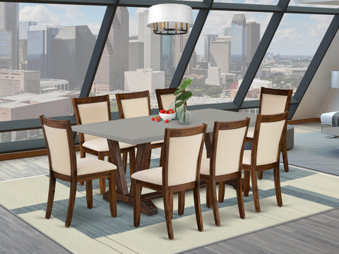 East West Furniture V797MZN32-9 9 Piece Dining Set Includes a Rectangle Dining Room Table with V-Legs and 8 Light Beige Linen Fabric Upholstered Parson Chairs, 40x72 Inch, Multi-Color