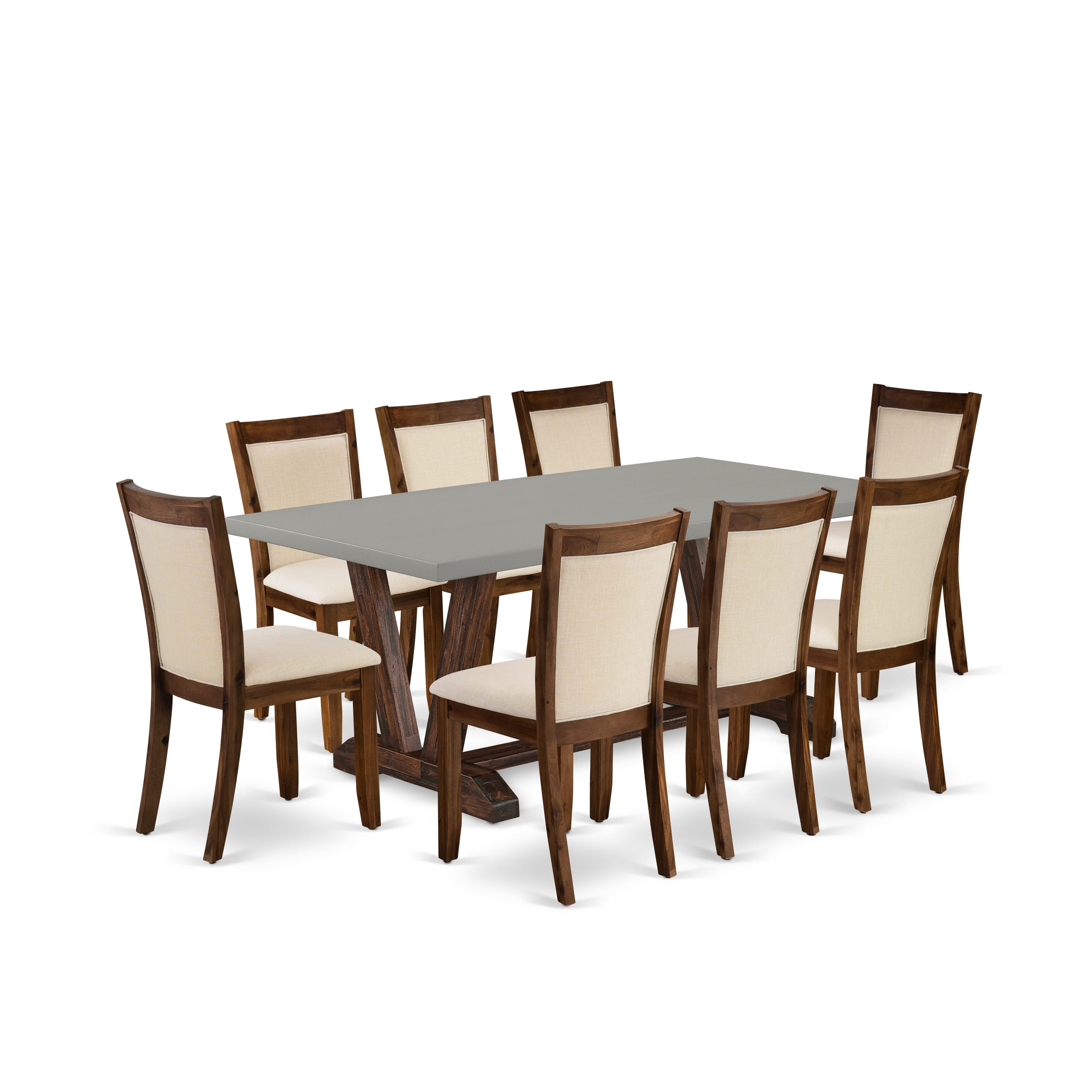 East West Furniture V797MZN32-9 9-Pc Dining Table Set Consists of a Dining Room Table and 8 Light Beige Linen Fabric Parson Dining Chairs with Stylish Back - Distressed Jacobean Finish