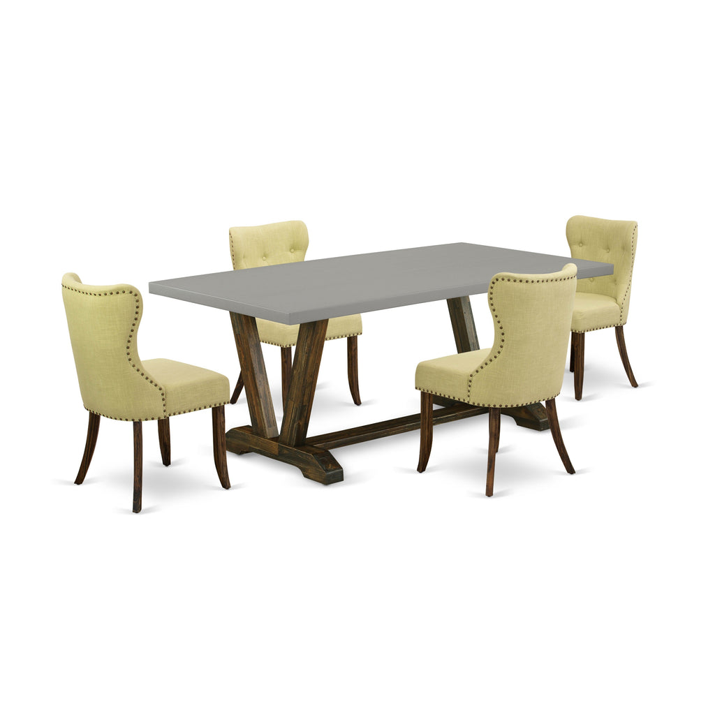 East West Furniture V797SI737-5 5-Pc Dining with Limelight Linen Fabric Seat and Button Tufted Chair Back Parson dining room chairs and Rectangular Table - Cement Finish