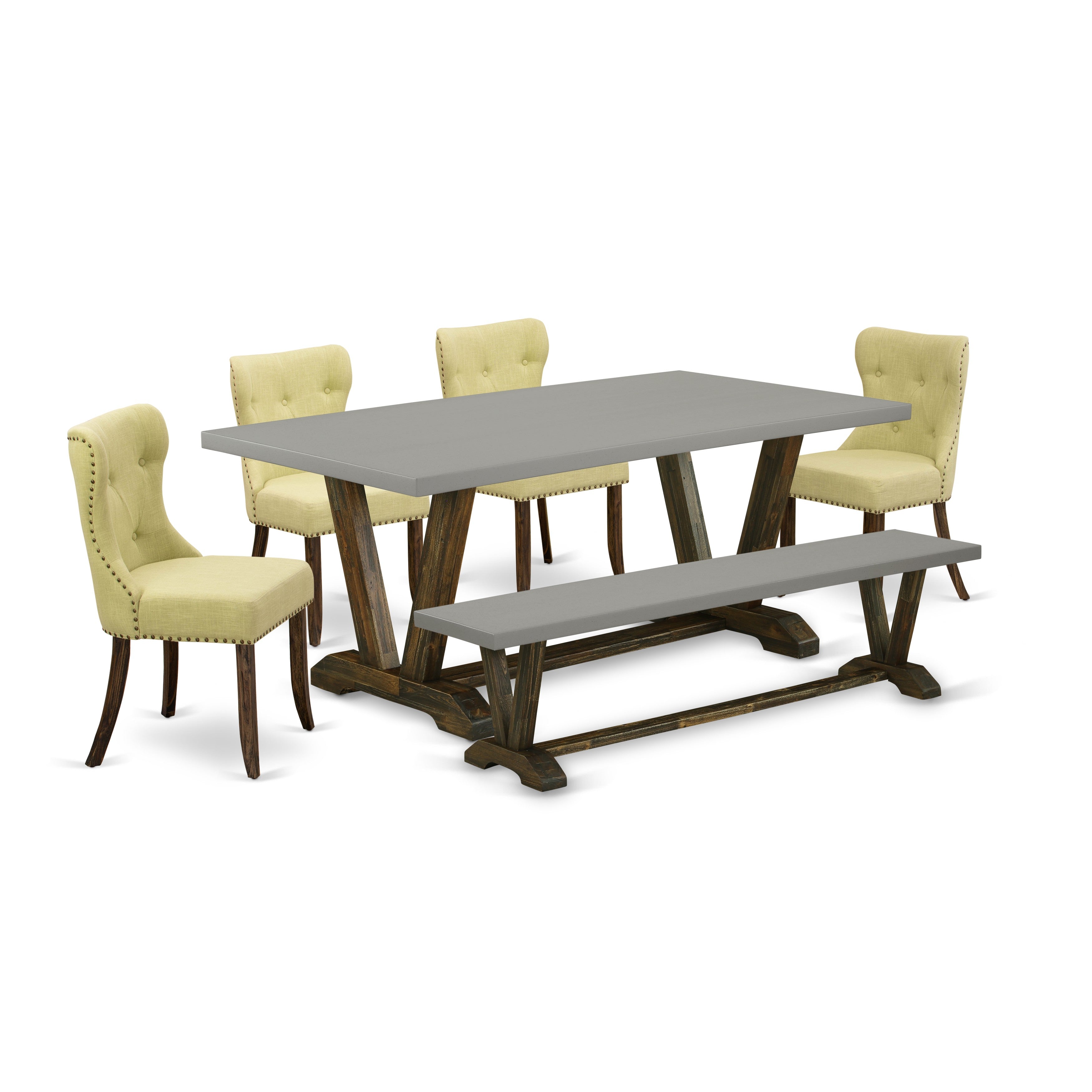 East West Furniture V797SI737-6 6-Piece Mid Century Dining Set with Limelight Linen Fabric Seat and Button Tufted Chair Back dining room chairs and Wooden Bench - Dining Table - Cement Finish