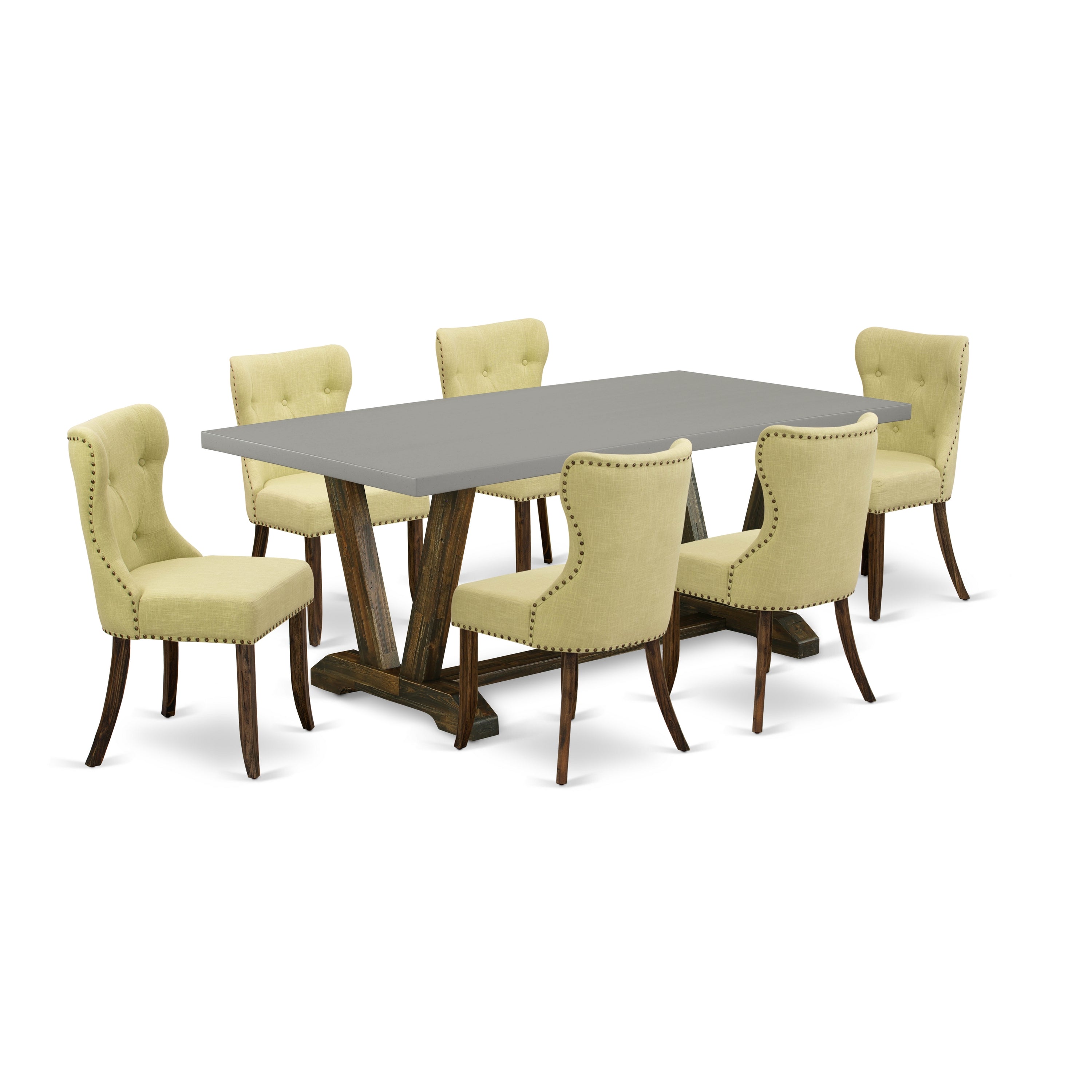 East West Furniture V797SI737-7 7-Piece Dining Room Table Set with Limelight Linen Fabric Seat and Button Tufted Chair Back Parson Chairs and Dining Table - Cement Finish
