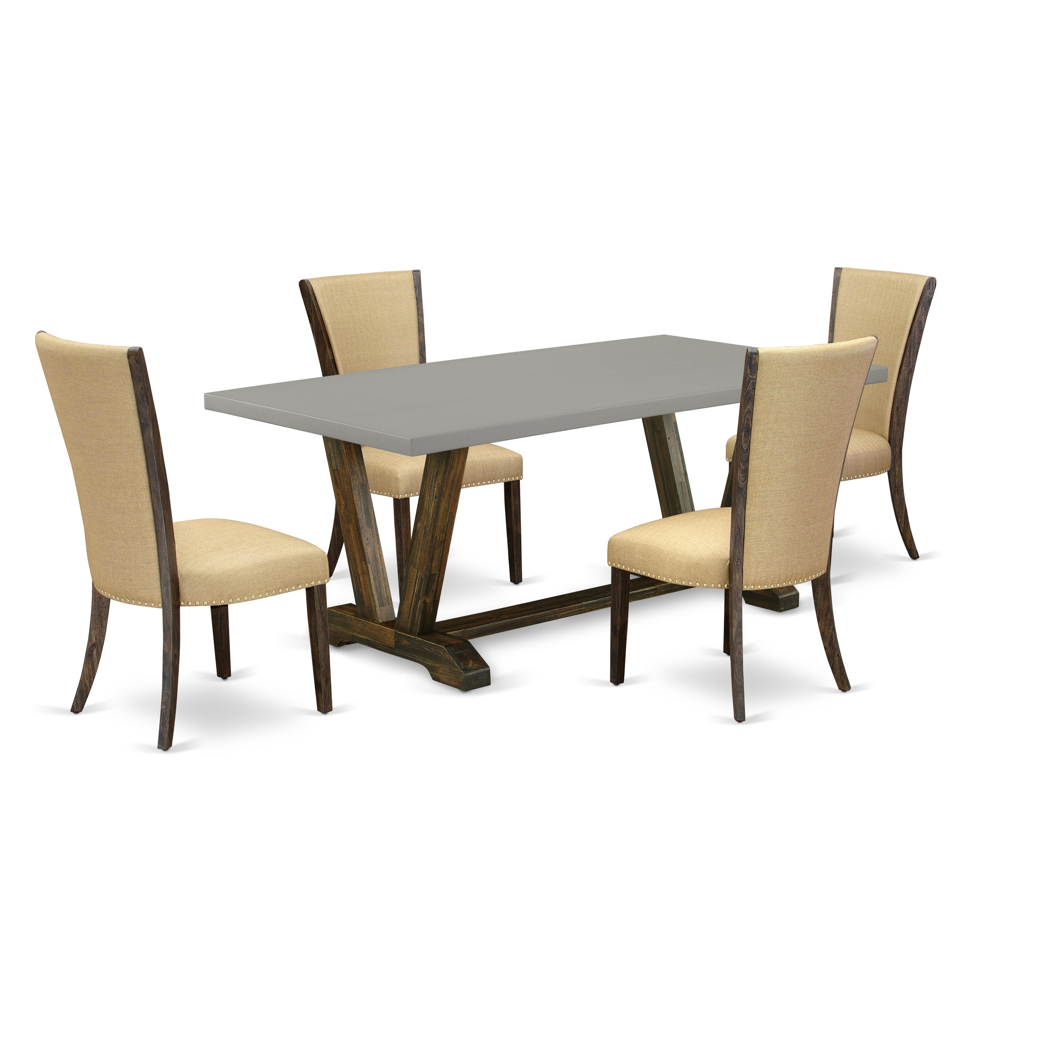 East West Furniture V797VE703-5 5Pc Dining Table set Contains a Kitchen Table and 4 Parsons Dining Chairs with Brown Color Linen Fabric, Medium Size Table with Full Back Chairs, Distressed Jacobean and Cement Finish