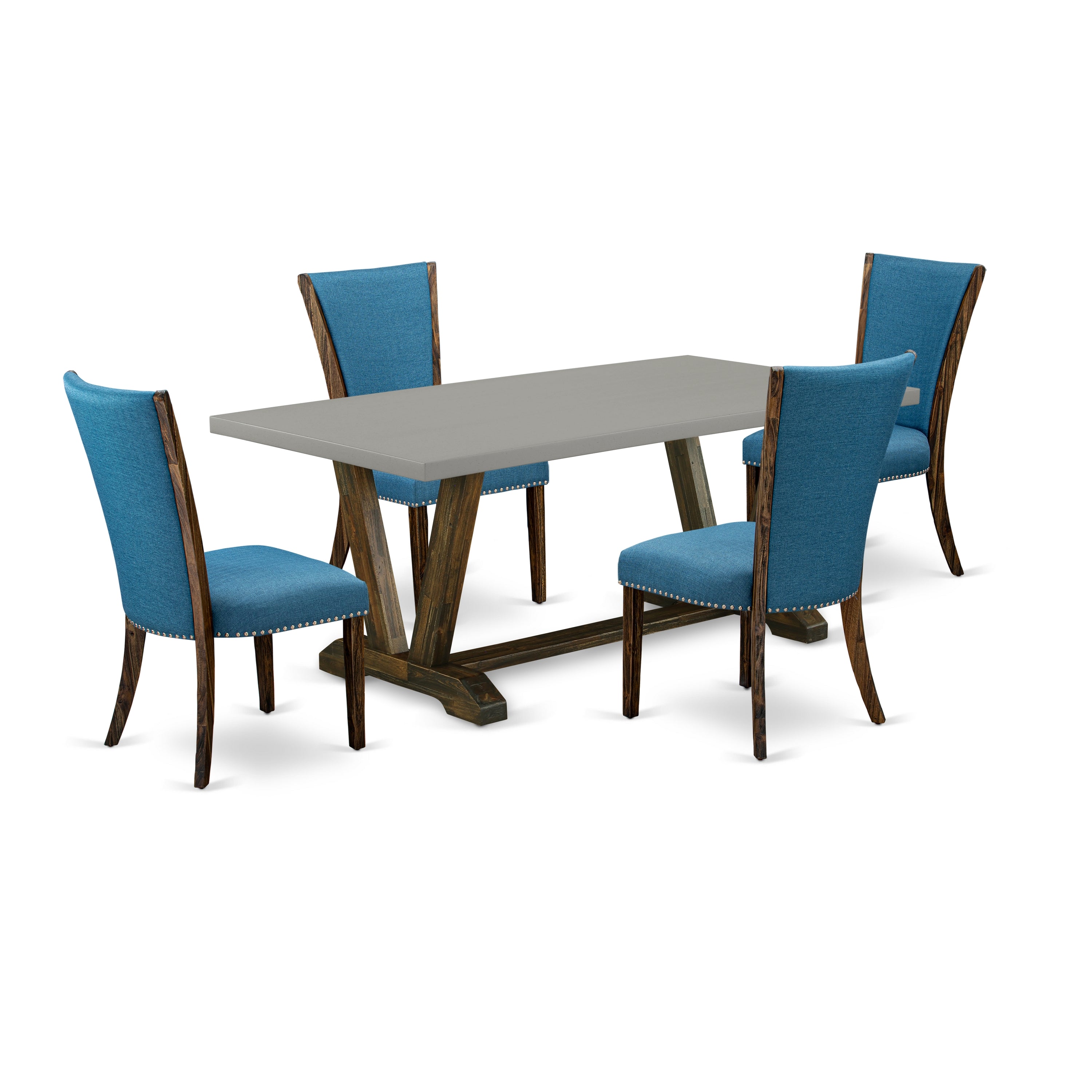 El juego de mesa de comedor de 5 piezas East West Furniture V797VE721-5 incluye una mesa de cocina rectangular con patas en V y 4 sillas de comedor Parson de tela de lino de color azul.