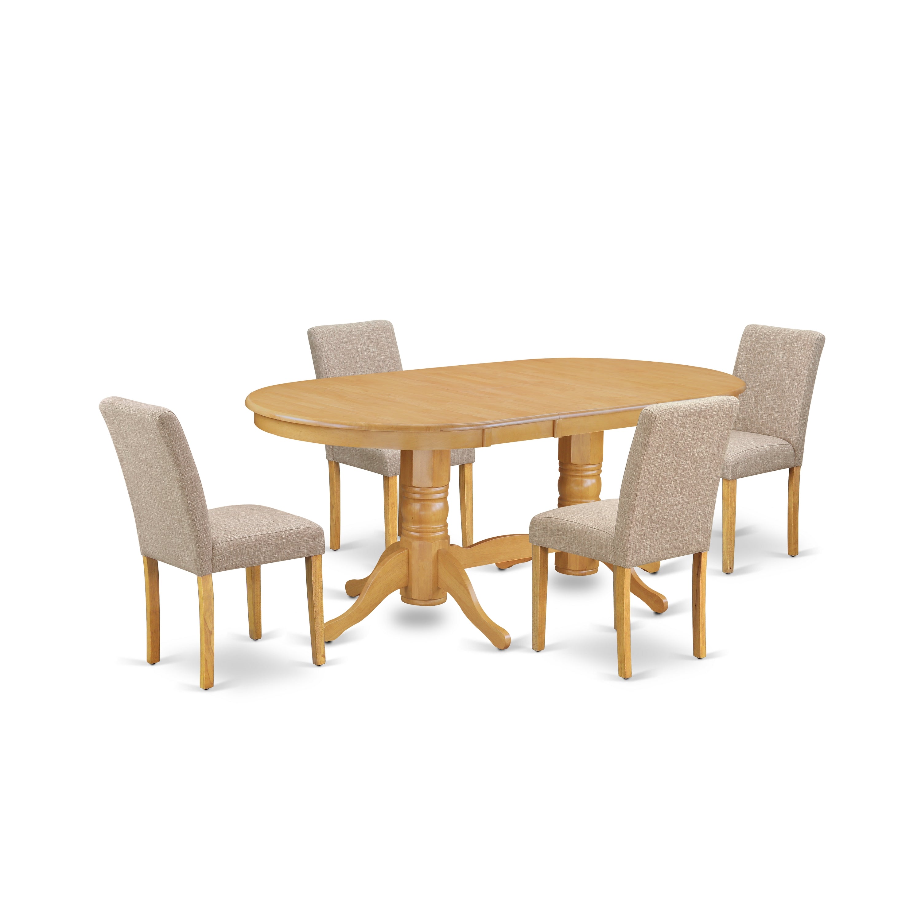 Juego de mesa de cocina de 5 piezas para 4 East West Furniture VAAB5-OAK-04. Incluye una mesa de comedor ovalada con hojas de mariposa y 4 sillas tapizadas en tela de lino color tostado claro.
