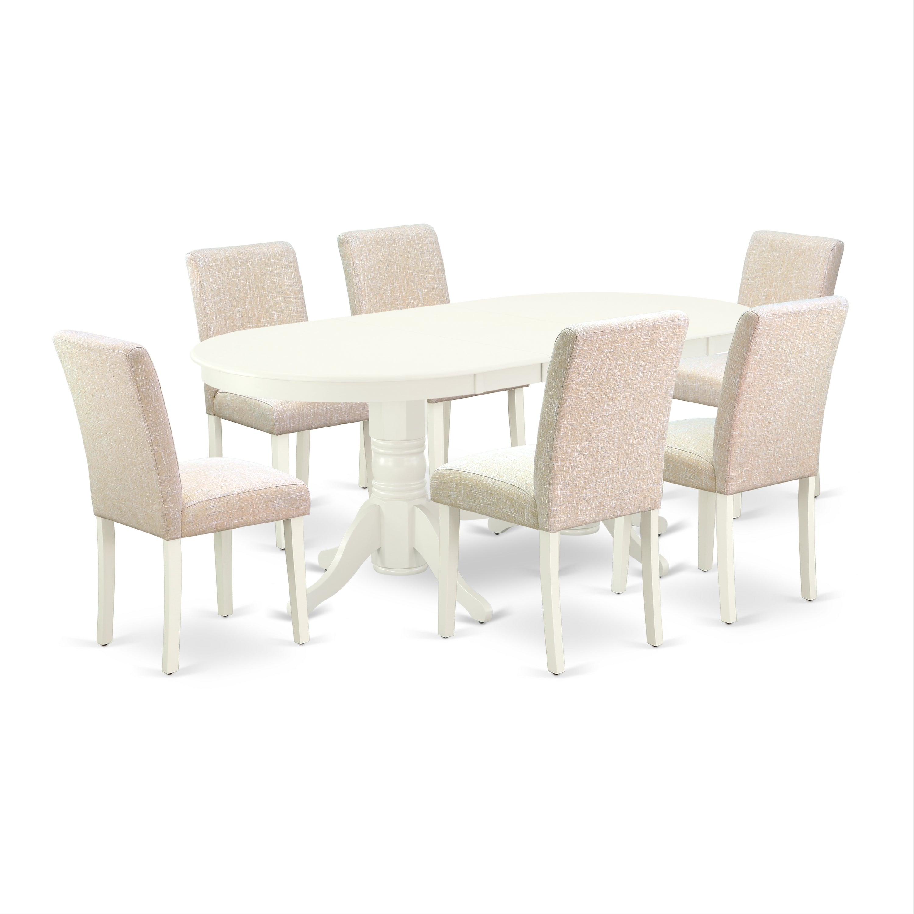 VAAB7-LWH-02 7 Pc Dining Room Set Dining Table With Self Storing Butterfly Leaf And Six Parson Chair With Linen White Leg And Linen Fabric Light Beige