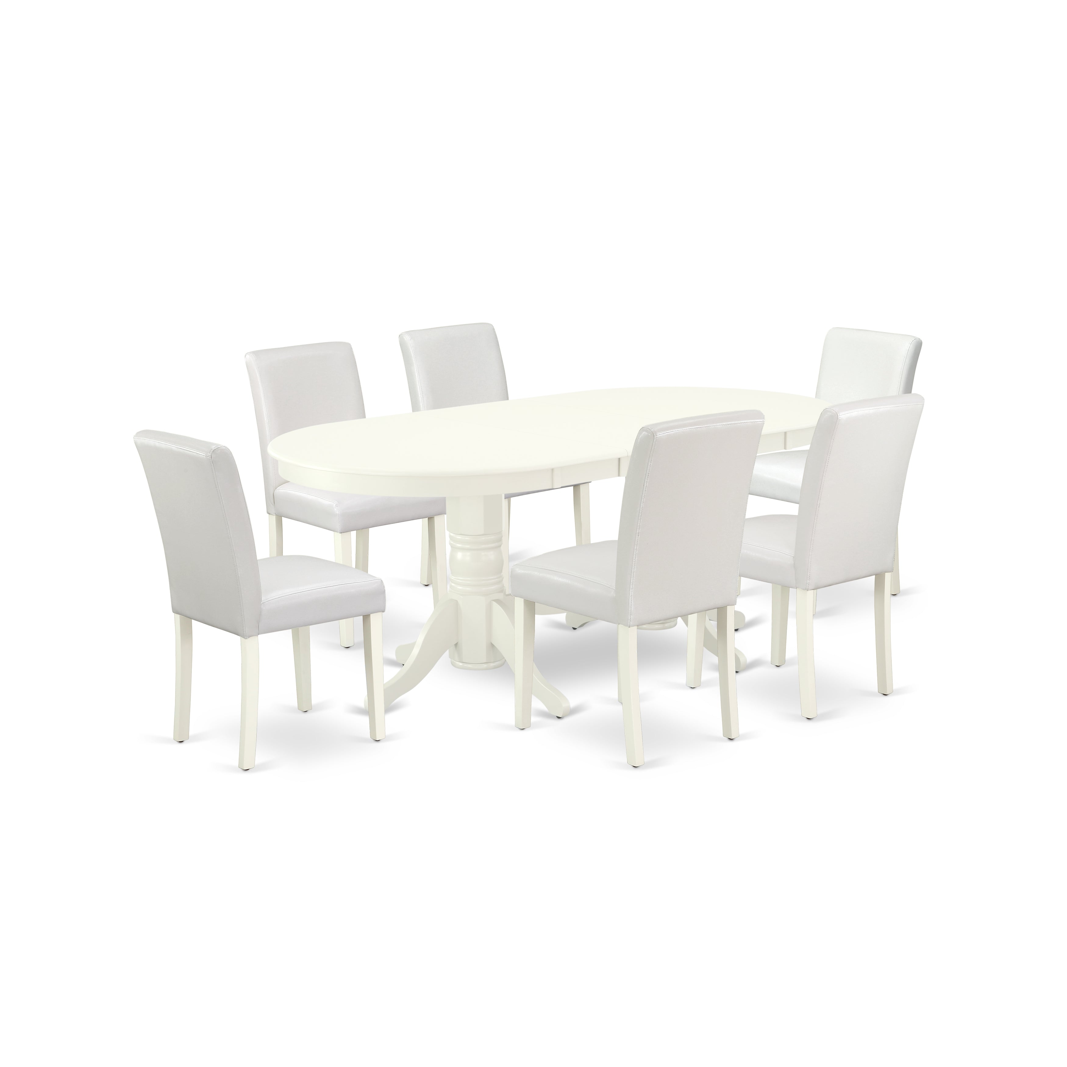 VAAB7-LWH-64 7 Pc Dining Room Set Dining Table With Self Storing Butterfly Leaf And Six Parson Chair With Linen White Leg And Pu Leather Color White