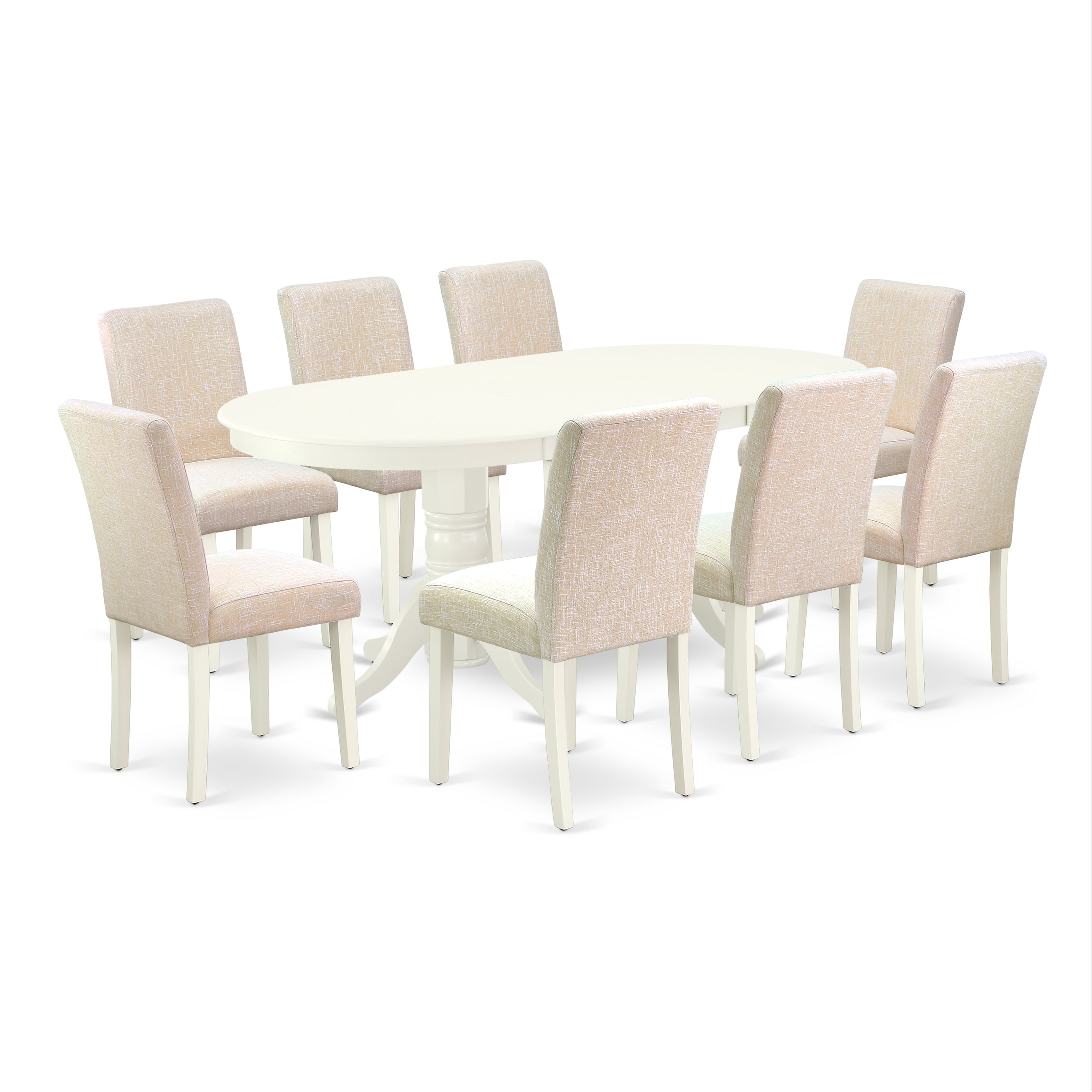 El juego de comedor East West Furniture VAAB9-LWH-02 de 9 piezas incluye una mesa ovalada de madera con hojas de mariposa y 8 sillas de comedor Parson de tela de lino beige claro.