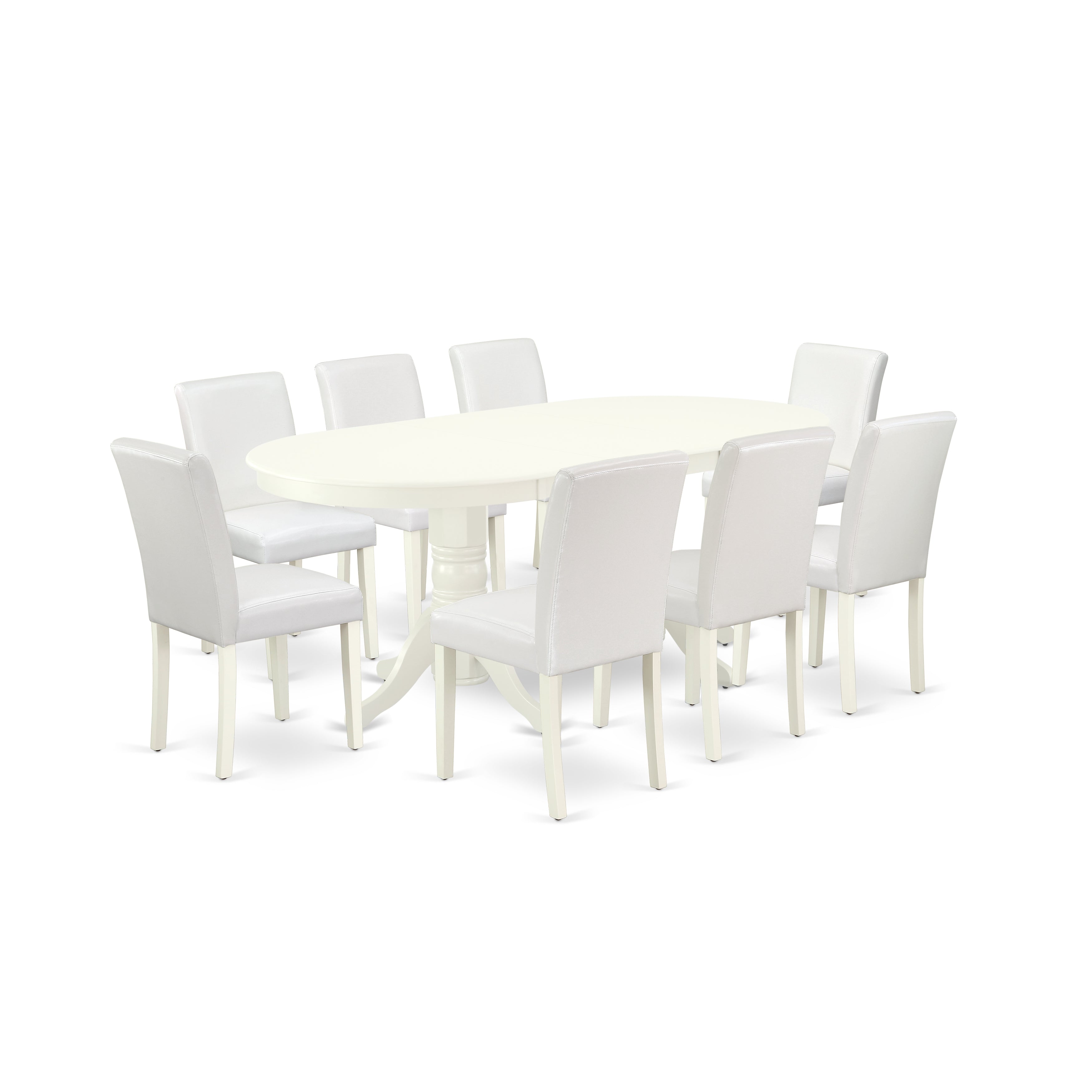 El juego de mesa de comedor moderno East West Furniture VAAB9-LWH-64 de 9 piezas incluye una mesa ovalada de madera con hojas de mariposa y 8 sillas de comedor Parson de cuero sintético blanco.