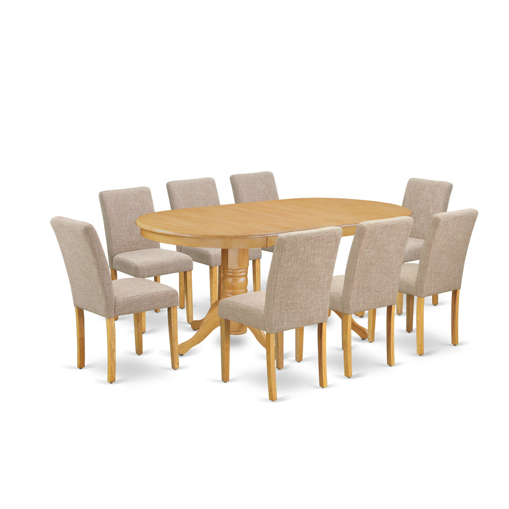 El juego de mesa de comedor East West Furniture VAAB9-OAK-04 de 9 piezas incluye una mesa de comedor ovalada con hojas de mariposa y 8 sillas Parsons de tela de lino color tostado claro.