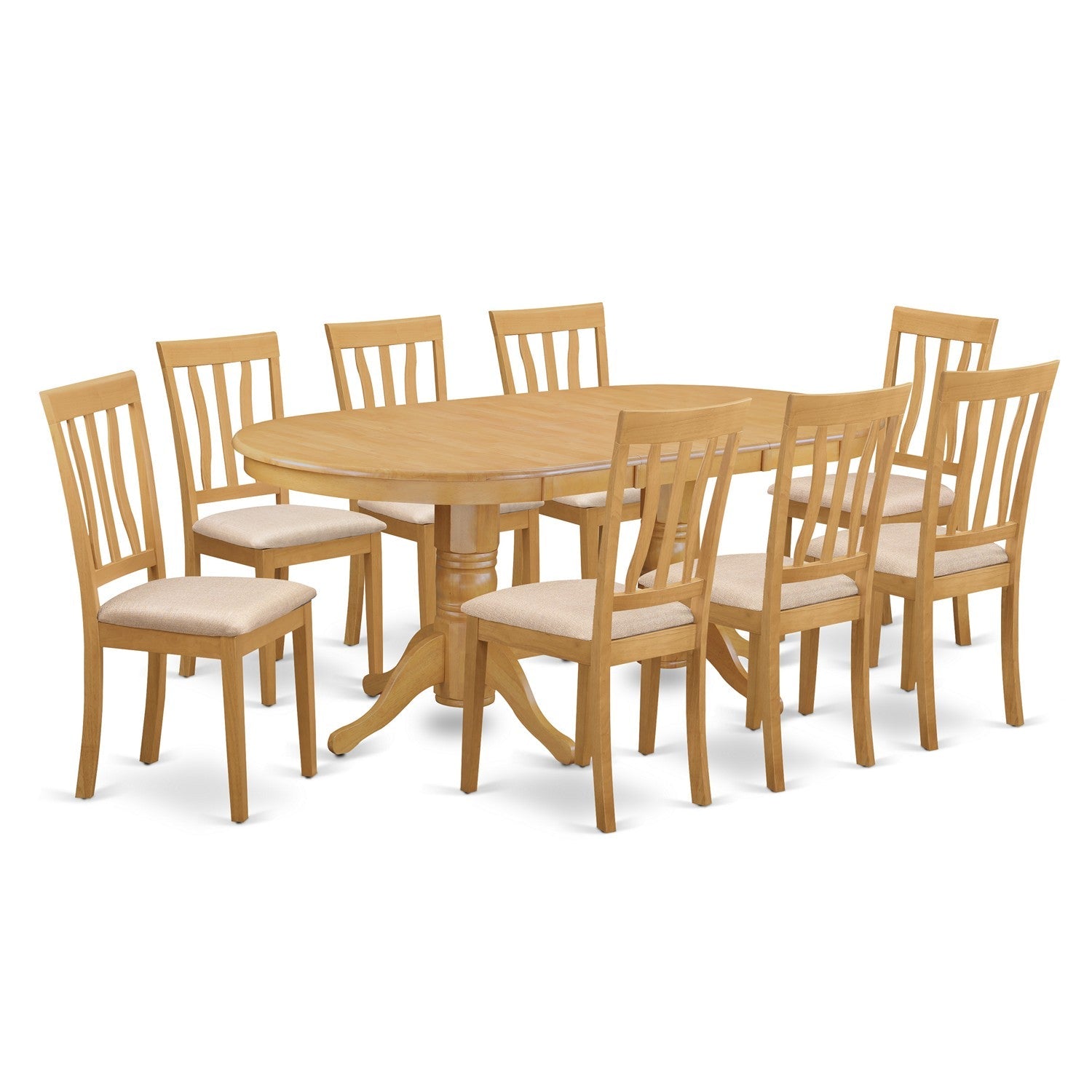 El juego de mesa de comedor de 9 piezas VAAN9-OAK-C de East West Furniture incluye una mesa de comedor ovalada con hojas de mariposa y 8 sillas tapizadas en tela de lino.