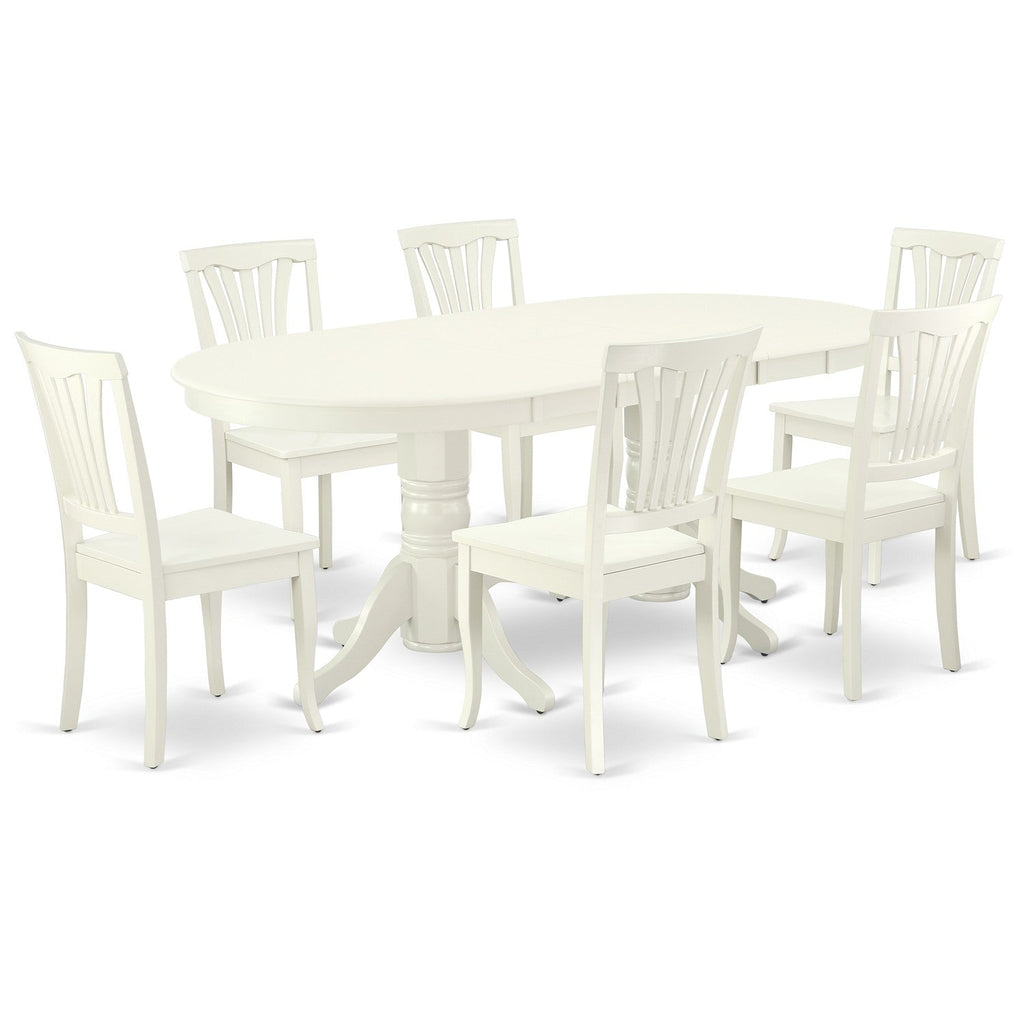 Juego de mesa de cocina de 7 piezas VAAV7-LWH-W de East West Furniture. Incluye una mesa de comedor ovalada con hojas de mariposa y 6 sillas de comedor.