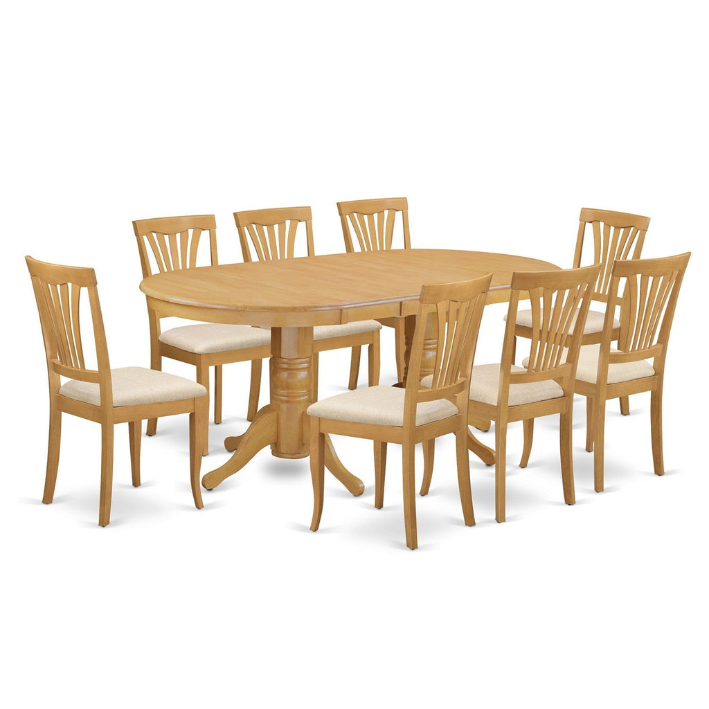 El juego de mesa de comedor moderno East West Furniture VAAV9-OAK-C de 9 piezas incluye una mesa ovalada de madera con hojas de mariposa y 8 sillas de comedor de cocina de tela de lino.