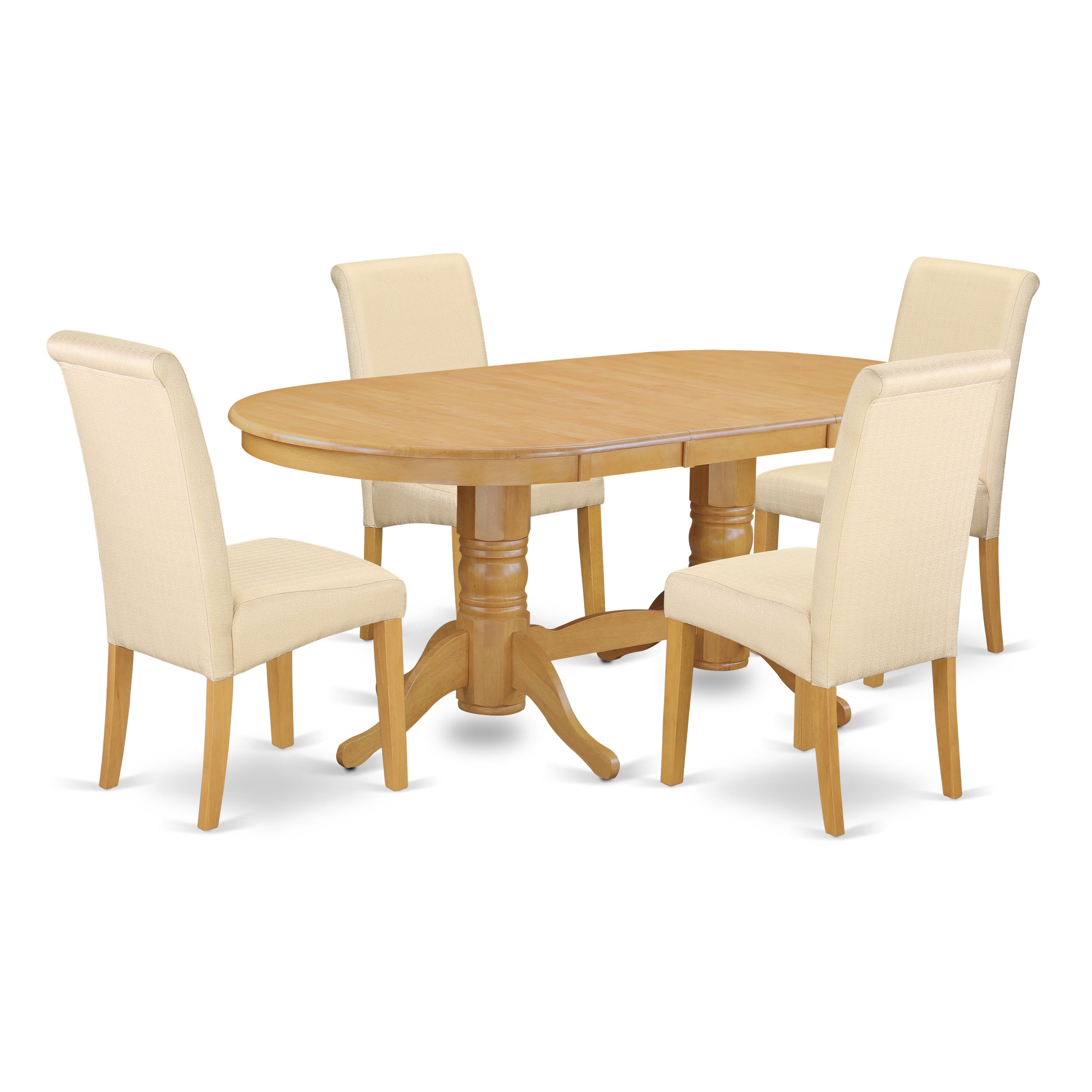VABA5-OAK-02 5Pc Oval Kitchen table with linen beige fabric dining chairs with oak chair legs