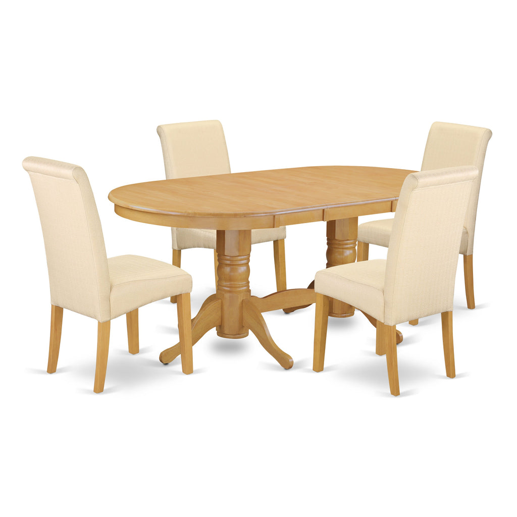 Juego de mesa de cocina de 5 piezas East West Furniture VABA5-OAK-02 para 4 personas. Incluye una mesa de comedor ovalada con diseño de hojas de mariposa y 4 sillas Parson de tela de lino beige claro.