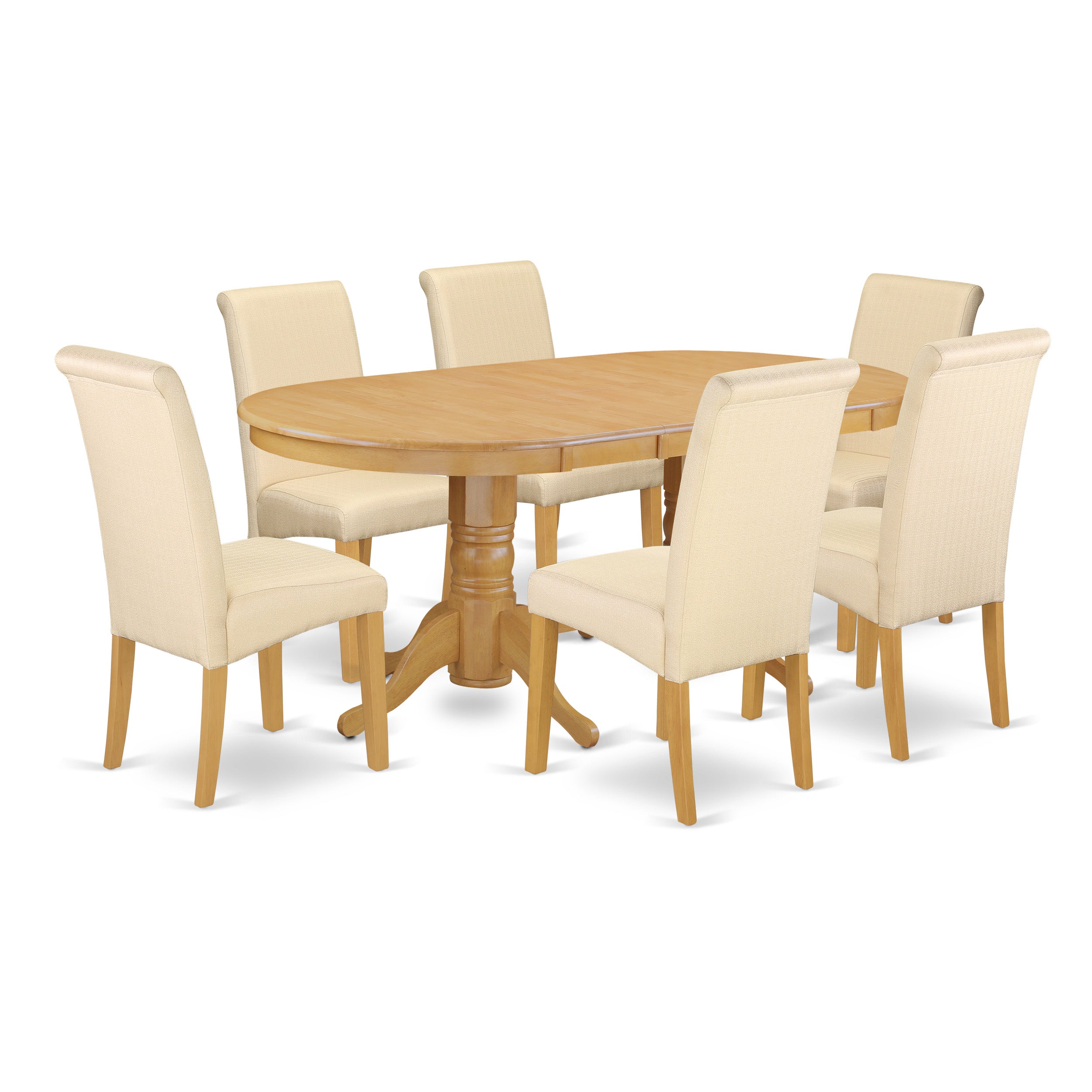 VABA7-OAK-02 7Pc Oval Dining Room table with linen beige fabric Parson chairs with oak chair legs