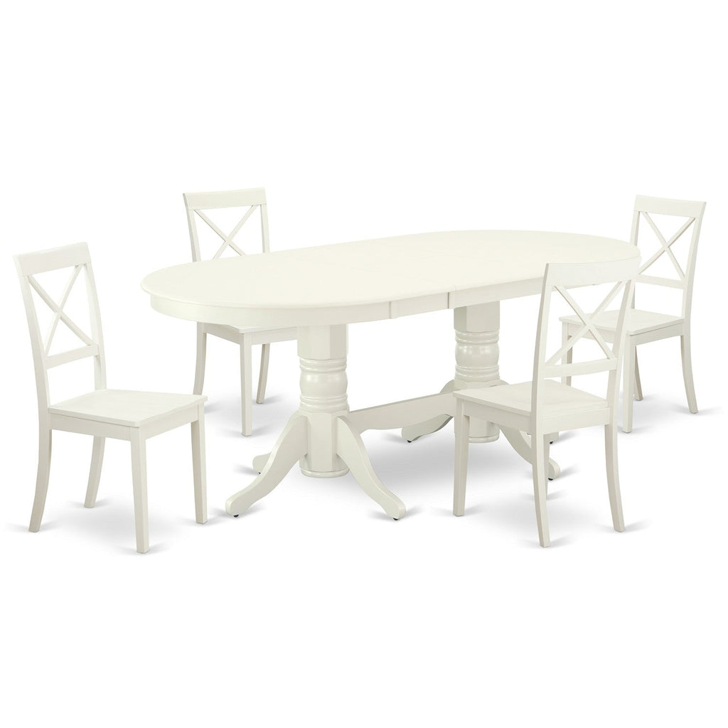 Juego de mesa de cocina de 5 piezas East West Furniture VABO5-LWH-W para 4 personas. Incluye una mesa de comedor ovalada con diseño de hojas de mariposa y 4 sillas con asiento de madera maciza.