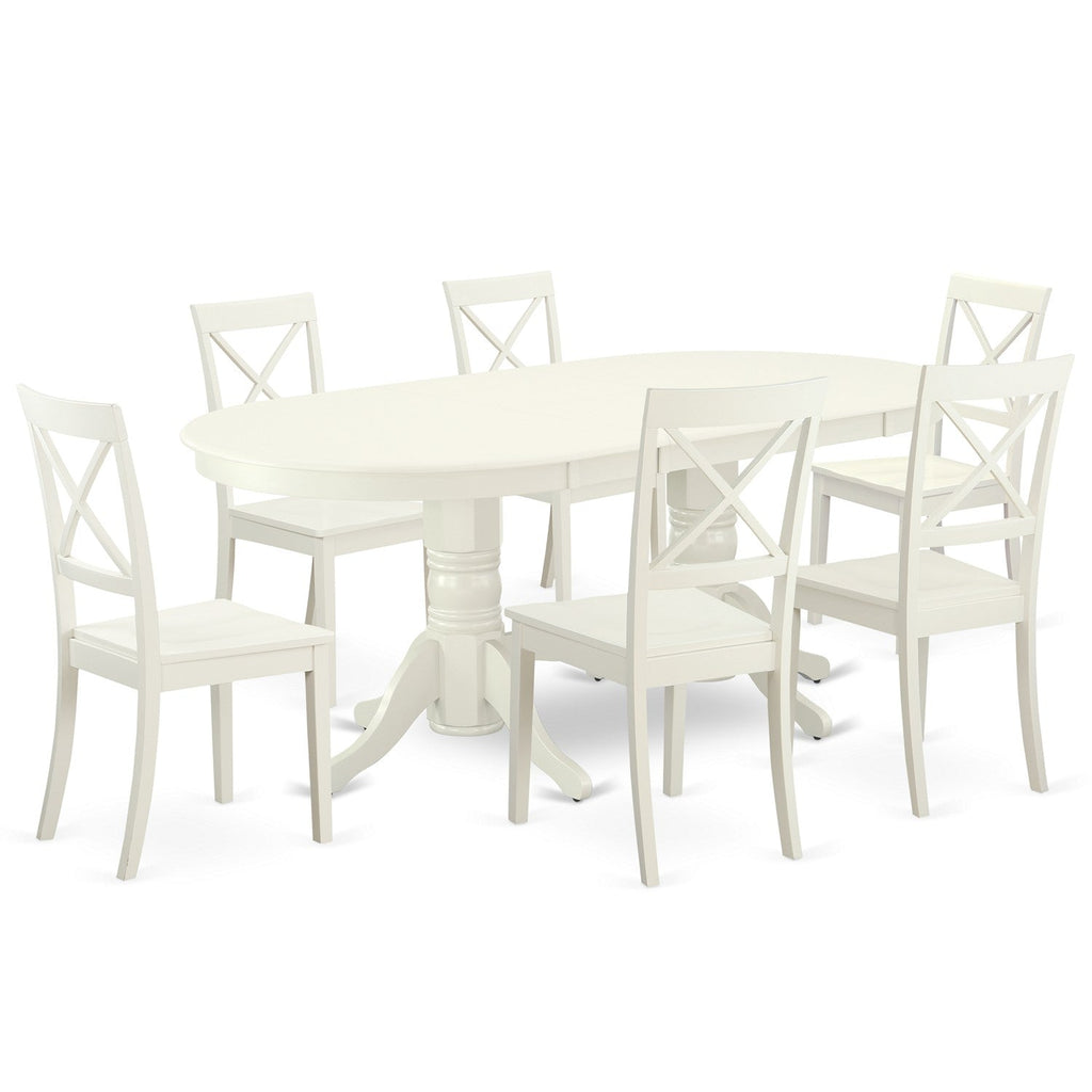 Juego de comedor East West Furniture VABO7-LWH-W de 7 piezas compuesto por una mesa de comedor ovalada con hojas de mariposa y 6 sillas con asiento de madera.