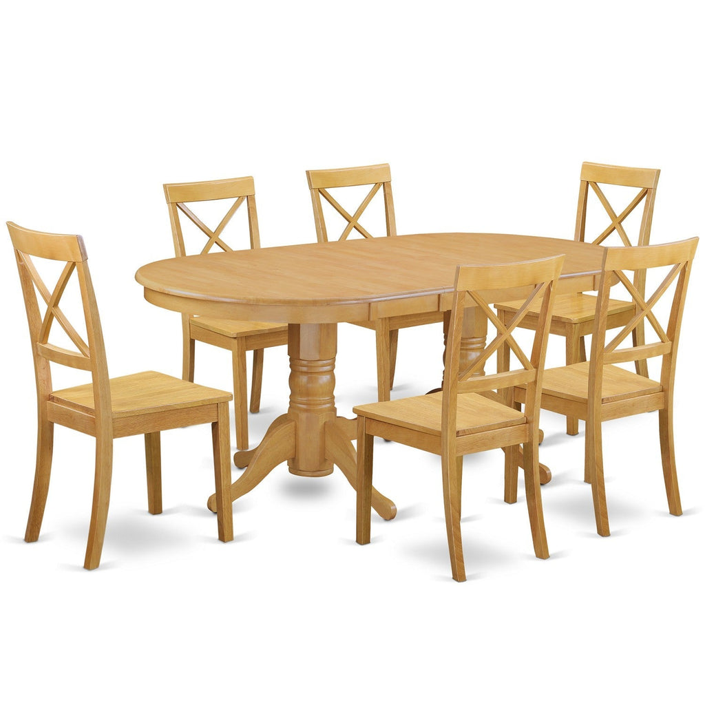 Juego de comedor VABO7-OAK-W de 7 piezas de East West Furniture. Incluye una mesa de comedor ovalada con hojas de mariposa y 6 sillas con asiento de madera.