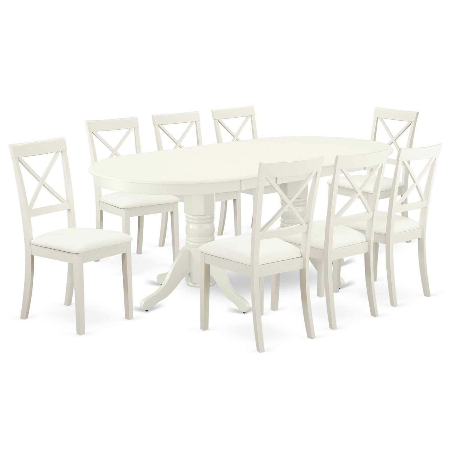 El juego de comedor East West Furniture VABO9-LWH-LC de 9 piezas incluye una mesa de comedor ovalada con hojas de mariposa y 8 sillas de cocina tapizadas en piel sintética.