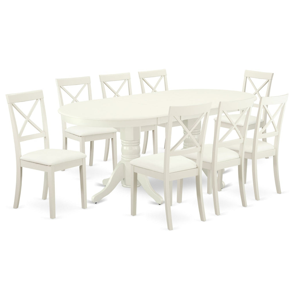 El juego de comedor East West Furniture VABO9-LWH-LC de 9 piezas incluye una mesa de comedor ovalada con hojas de mariposa y 8 sillas de cocina tapizadas en piel sintética.