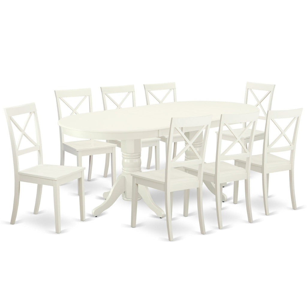 El juego de mesa de comedor moderno VABO9-LWH-W de 9 piezas de East West Furniture incluye una mesa ovalada de madera con hojas de mariposa y 8 sillas de comedor de cocina.