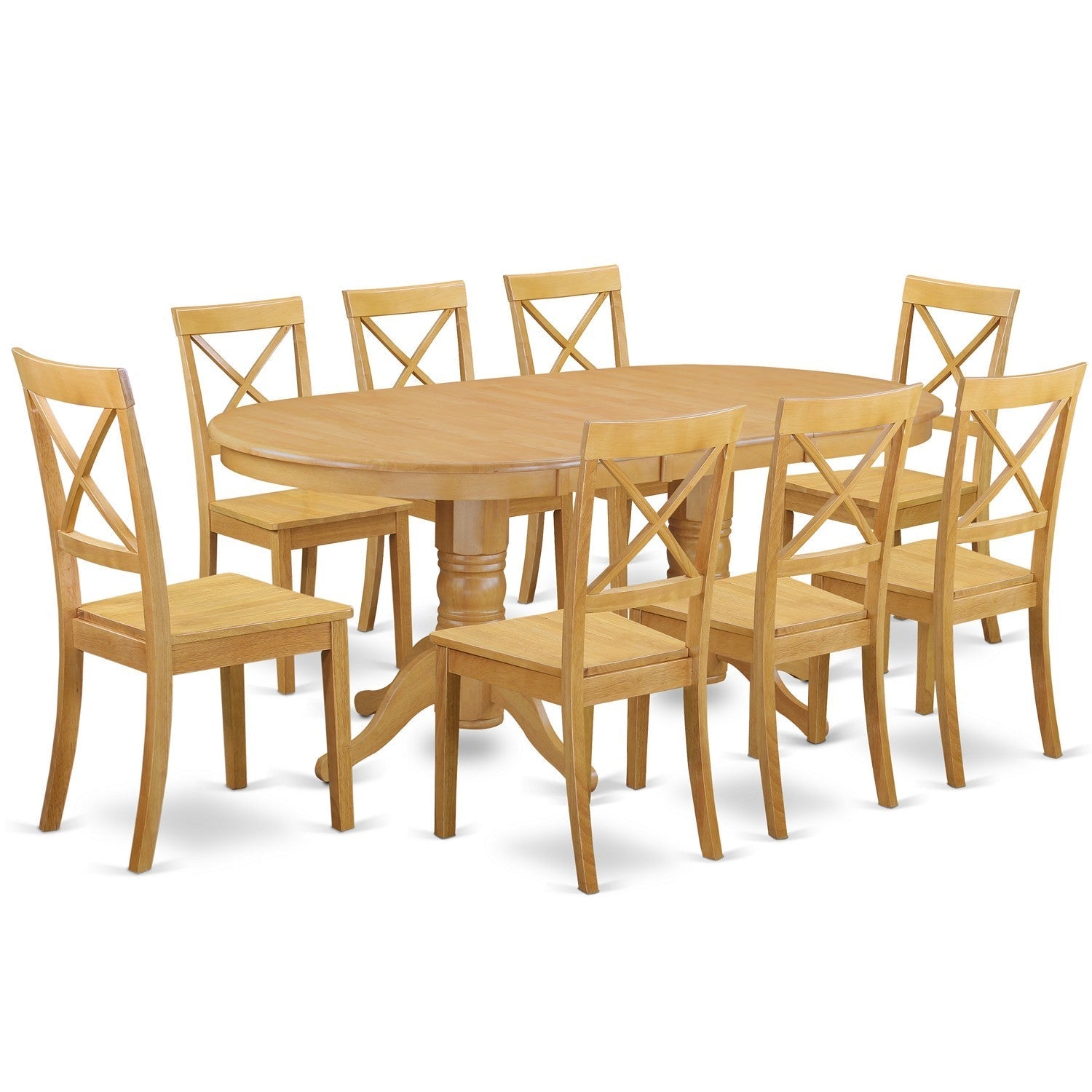 El juego de mesa de comedor moderno VABO9-OAK-W de 9 piezas de East West Furniture incluye una mesa ovalada de madera con hojas de mariposa y 8 sillas de comedor.