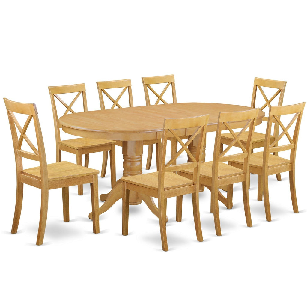El juego de mesa de comedor moderno VABO9-OAK-W de 9 piezas de East West Furniture incluye una mesa ovalada de madera con hojas de mariposa y 8 sillas de comedor.