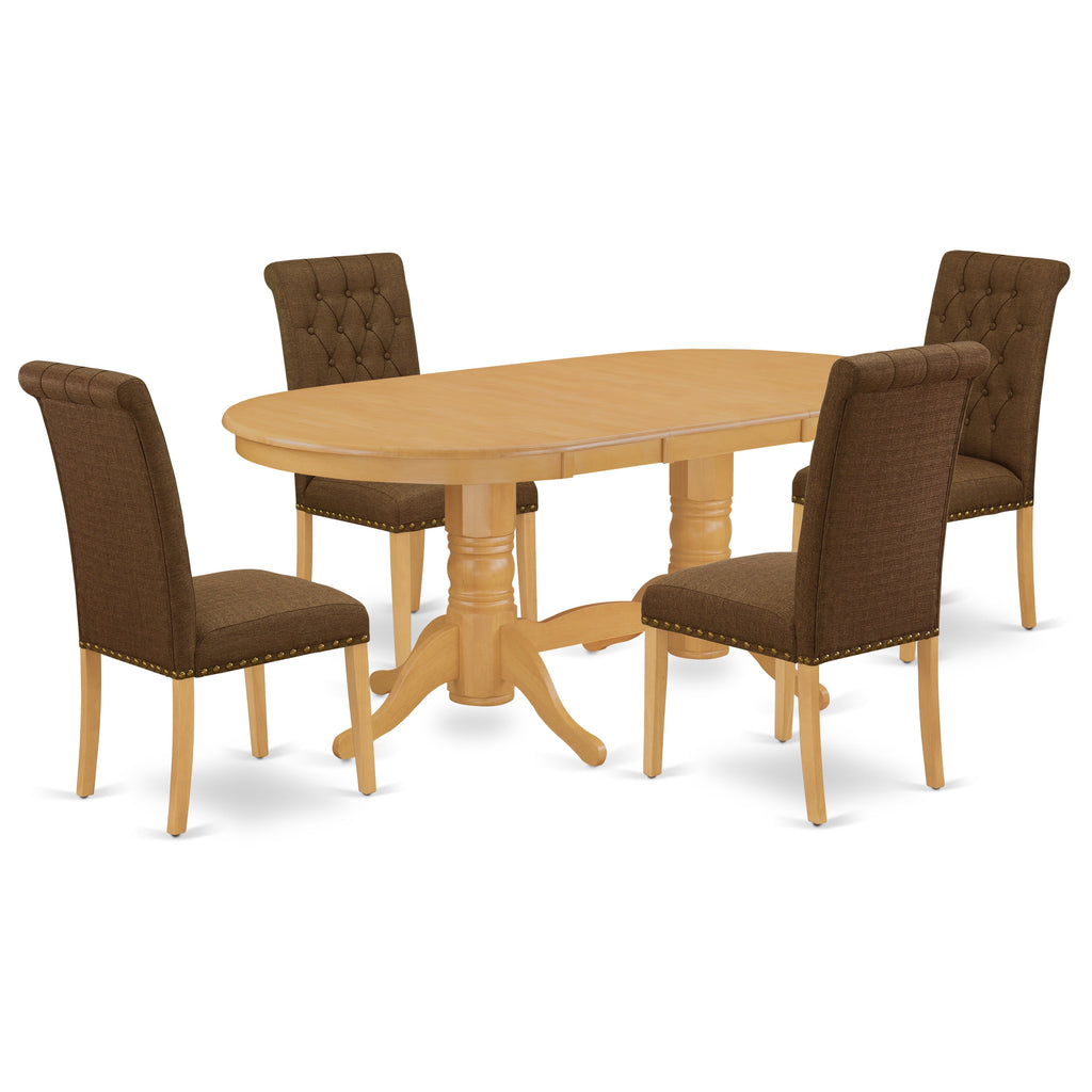 Juego de mesa de comedor de 5 piezas East West Furniture VABR5-OAK-18 para 4 personas. Incluye una mesa de cocina ovalada con diseño de hojas de mariposa y 4 sillas tapizadas en tela de lino marrón.