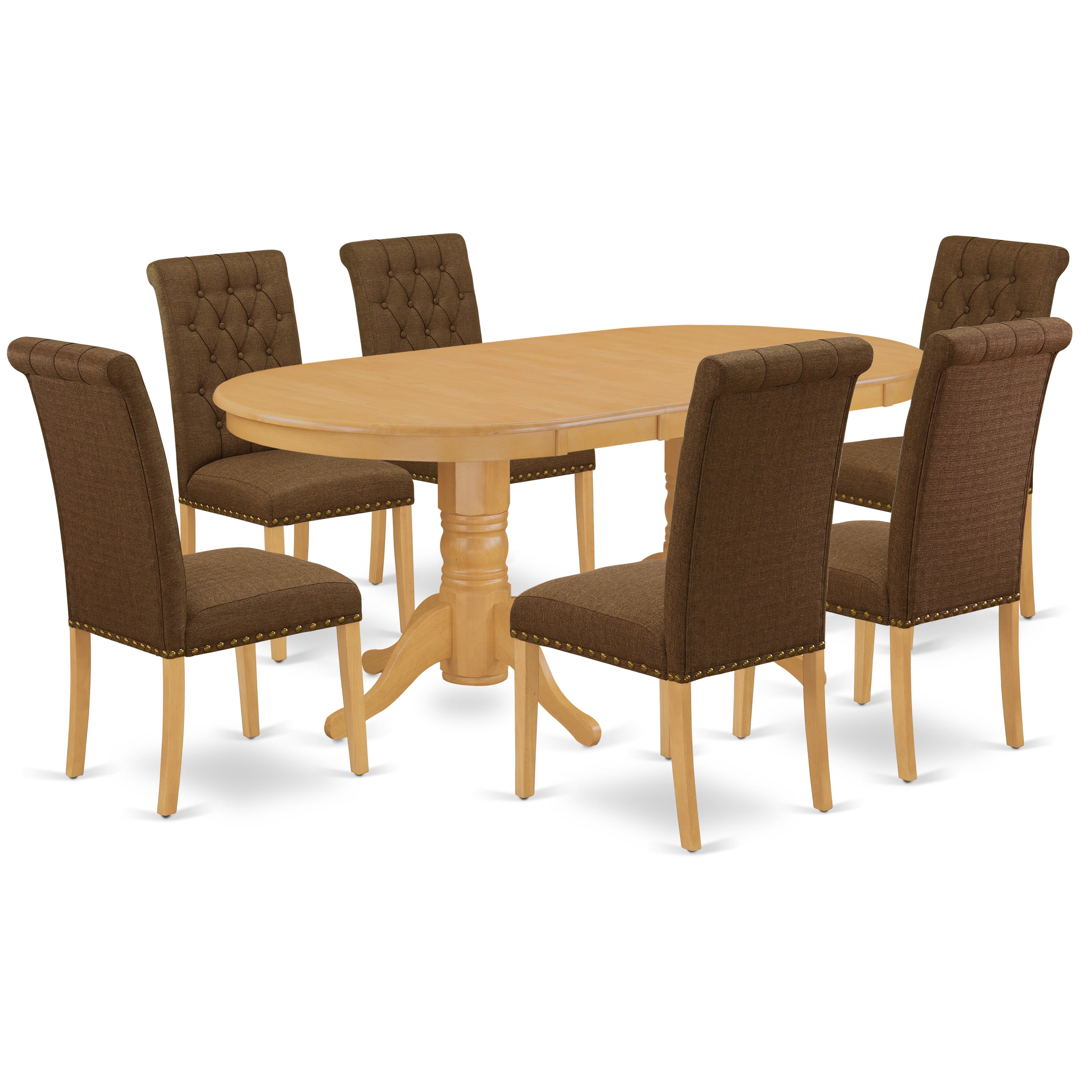 VABR7-OAK-18 7Pc Dinette Set Includes an Oval Dining Table with Butterfly Leaf and Six Parson Chairs with Dark Coffee Fabric, Oak Finish