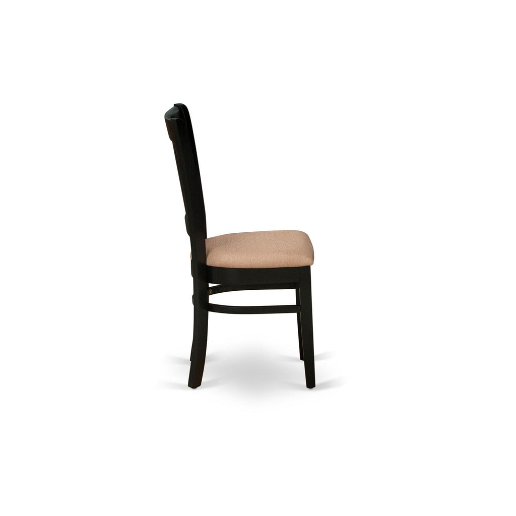 Juego de mesa y sillas de cocina de 5 piezas DMVA5-BLK-C de East West Furniture. Incluye una mesa de comedor redonda con alas abatibles y 4 sillas de comedor tapizadas en tela de lino.