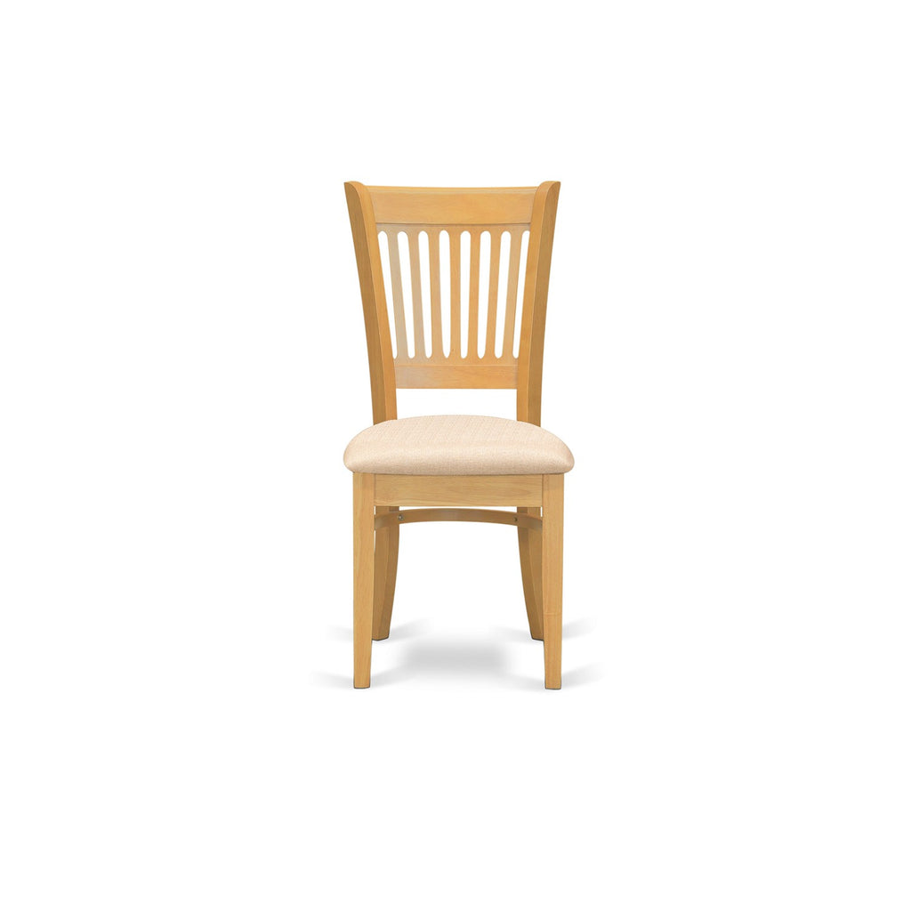 Juego de comedor de 3 piezas DLVA3-OAK-C de East West Furniture. Contiene una mesa de comedor redonda con alas abatibles y 2 sillas tapizadas en tela de lino.