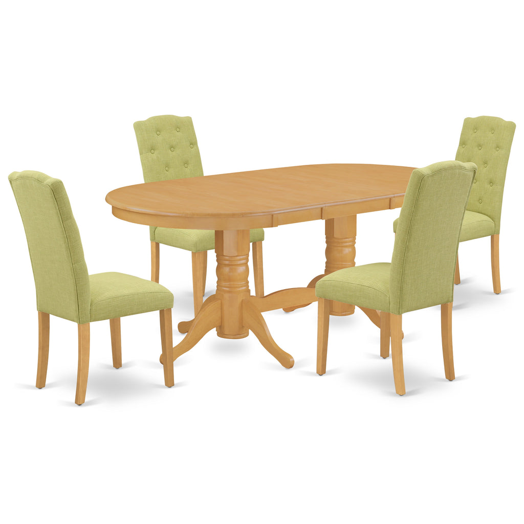 El juego de comedor de 5 piezas East West Furniture VACE5-OAK-07 incluye una mesa ovalada de madera con hojas de mariposa y 4 sillas Parsons de tela de lino Limelight.