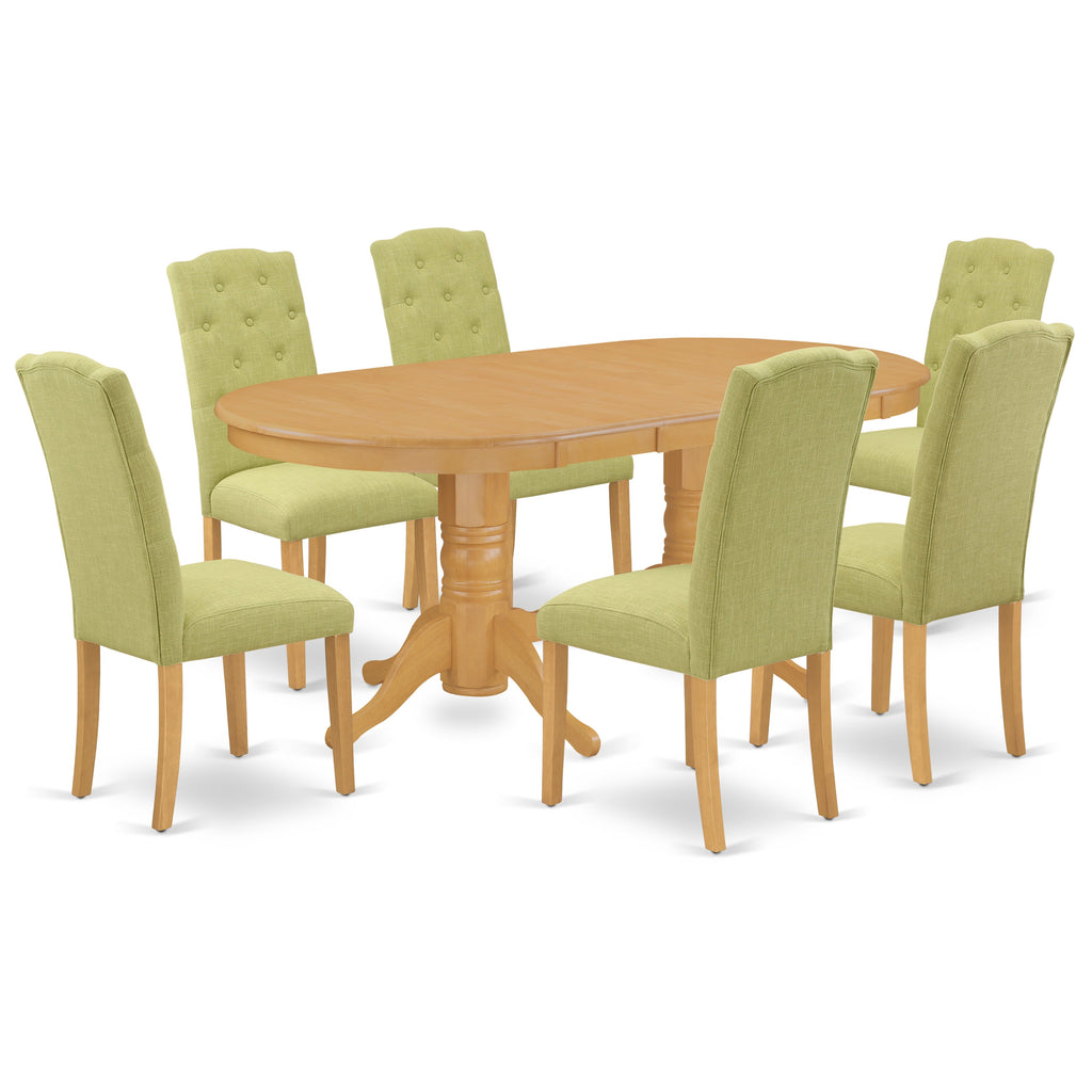 El juego de mesa de comedor East West Furniture VACE7-OAK-07 de 7 piezas consta de una mesa de cocina ovalada con hojas de mariposa y 6 sillas de comedor Parson de tela de lino Limelight.